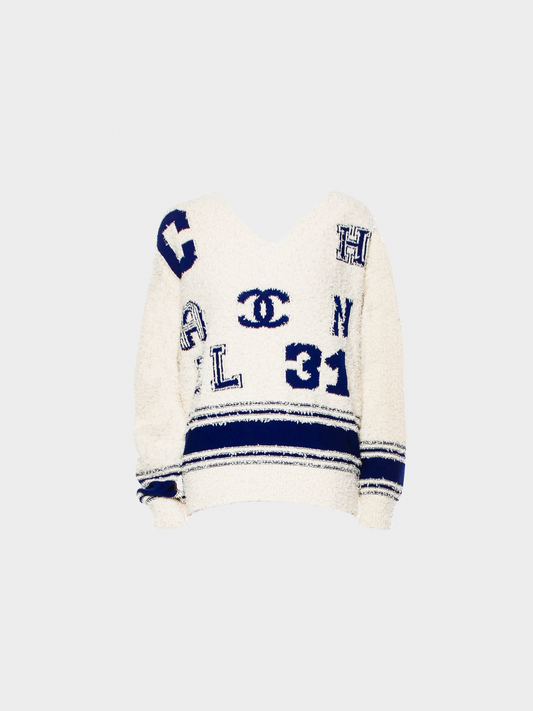 Chanel Pre-Spring 2019 Cream and Blue Cotton-Silk Blend Boucle Varsity Sweater