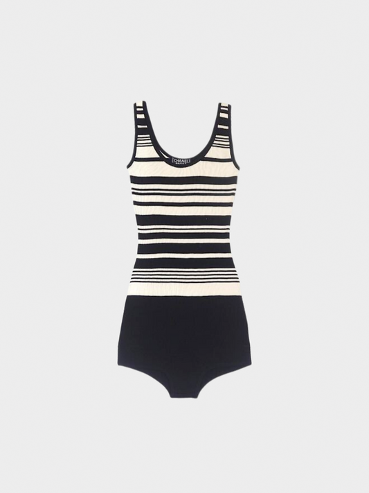 Chanel 1998 CC Logo Embroidered Striped All-in-One Bodysuit