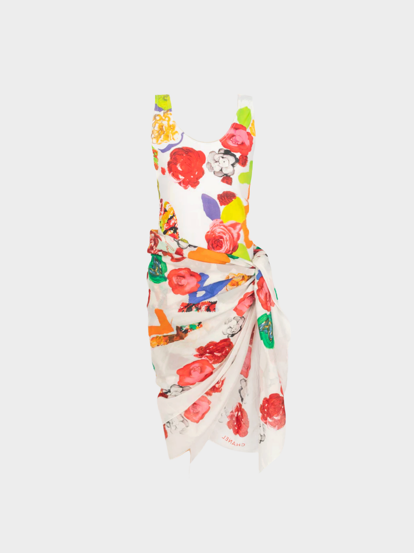 Chanel 1990s White Camellia Printed Swimsuit and Pareo Set