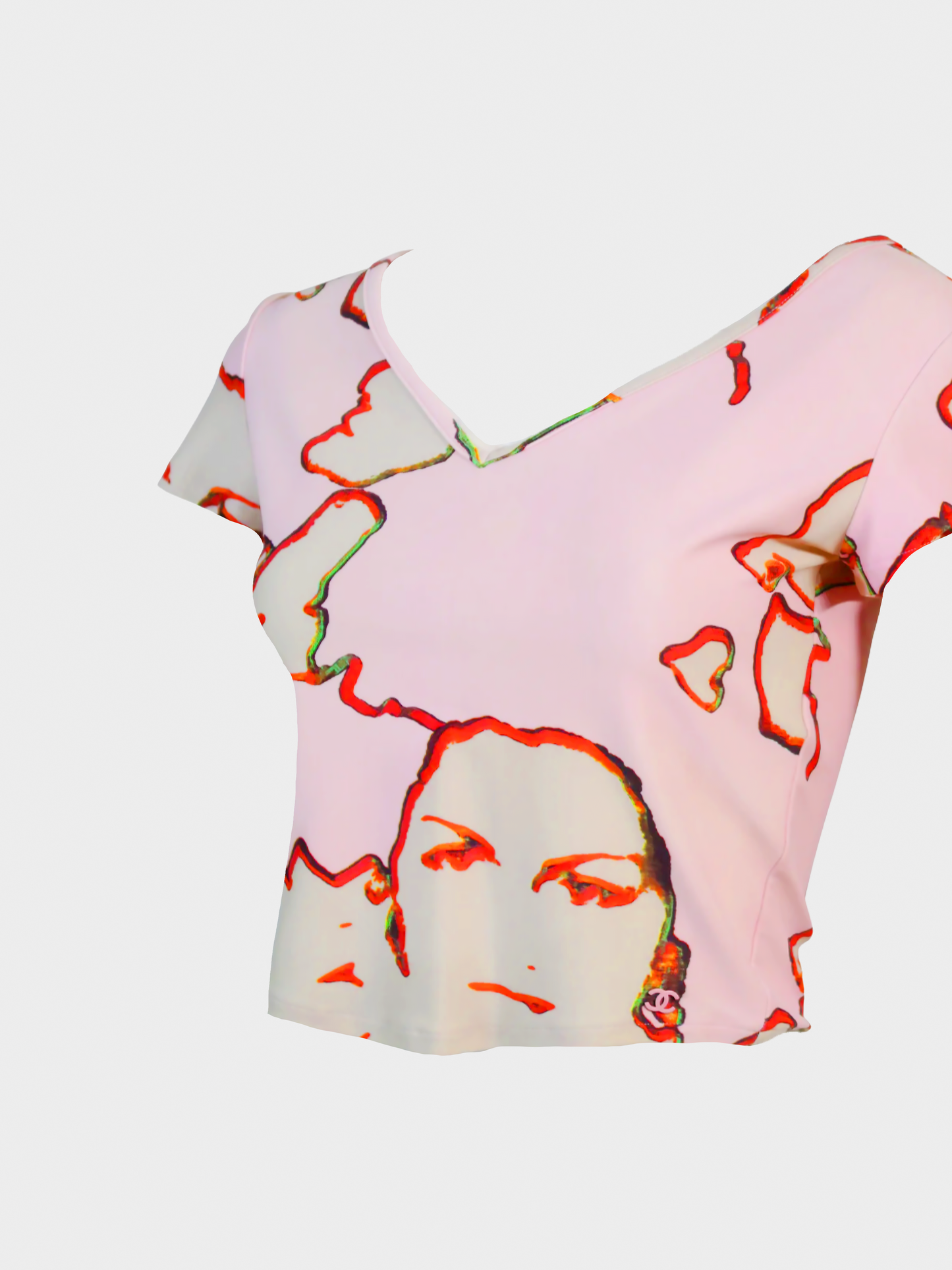Chanel SS 2000 Pink Graphic Printed V-Neck Cropped Top