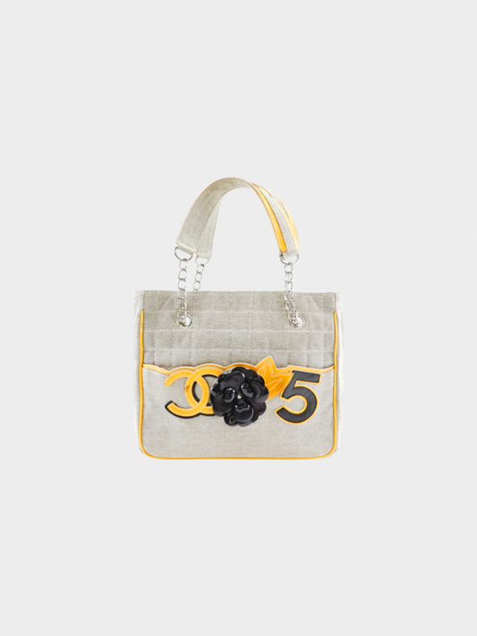 Chanel 2005-2006 Grey Camellia No. 5 Choco Bar Canvas Tote Bag