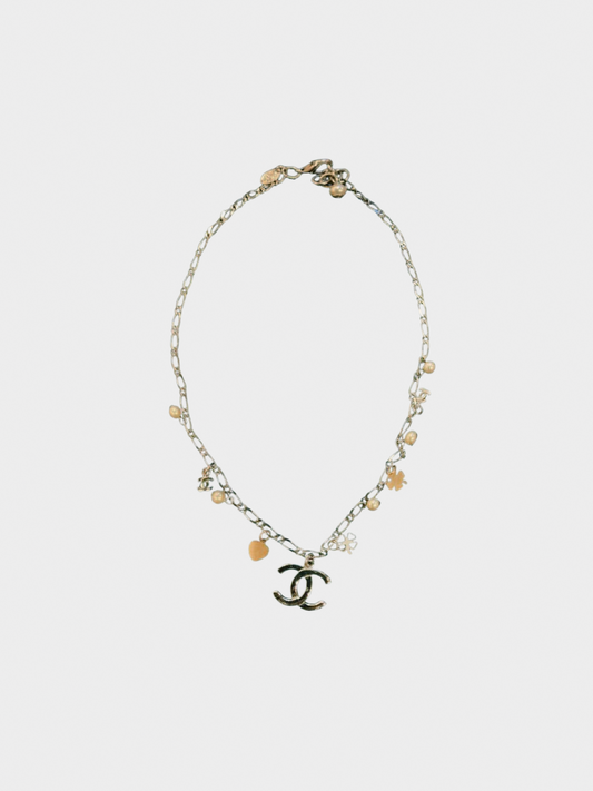Chanel 2000s Clover Pearl Charm CC Necklace