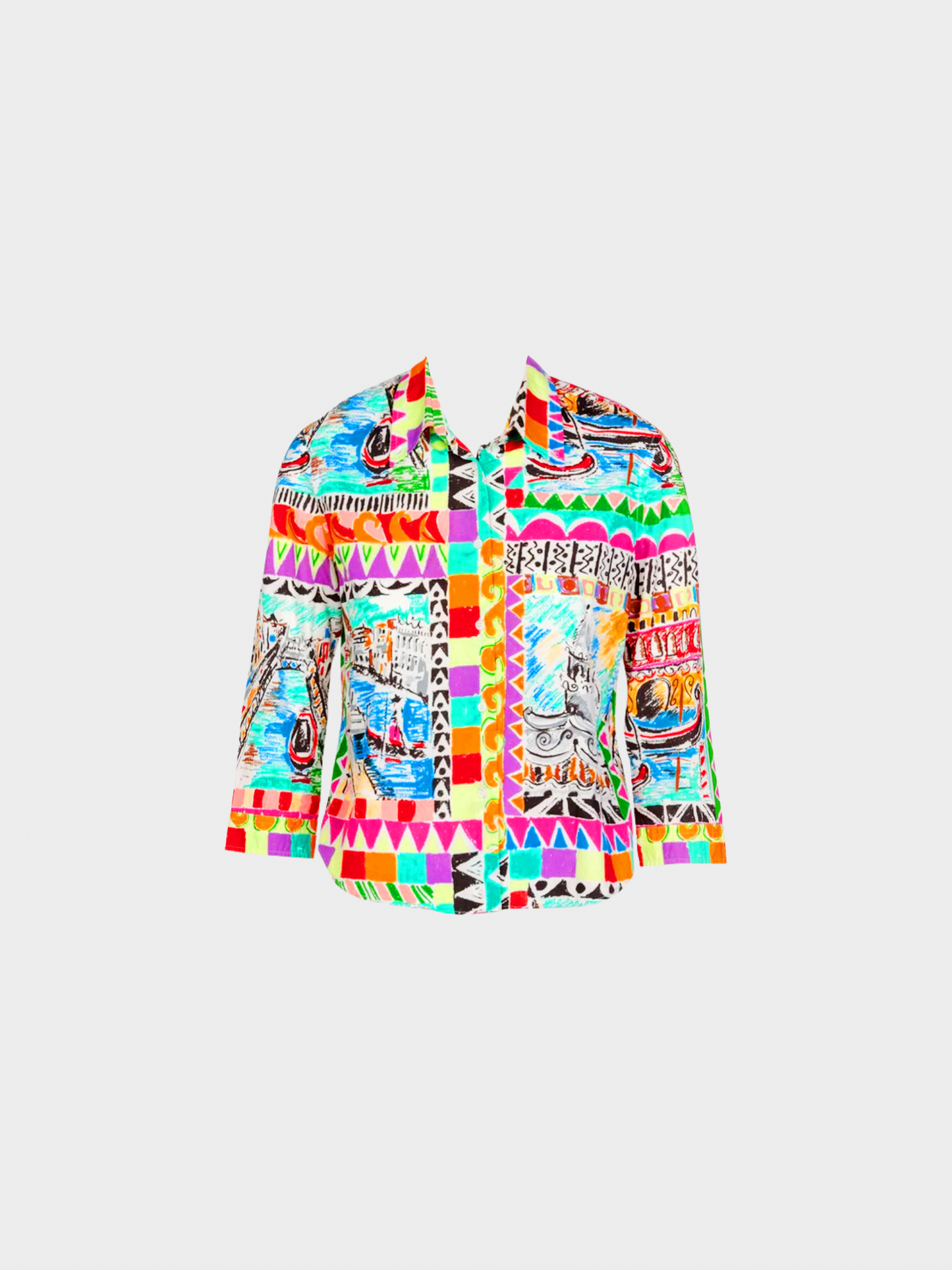 Prada Spring 2004 Postcard Multicolored Print Cotton Blouse Top