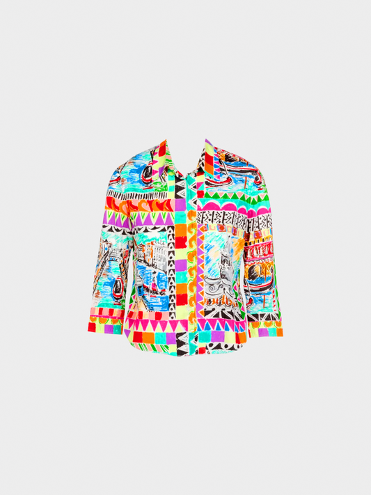 Prada Spring 2004 Postcard Multicolored Print Cotton Blouse Top