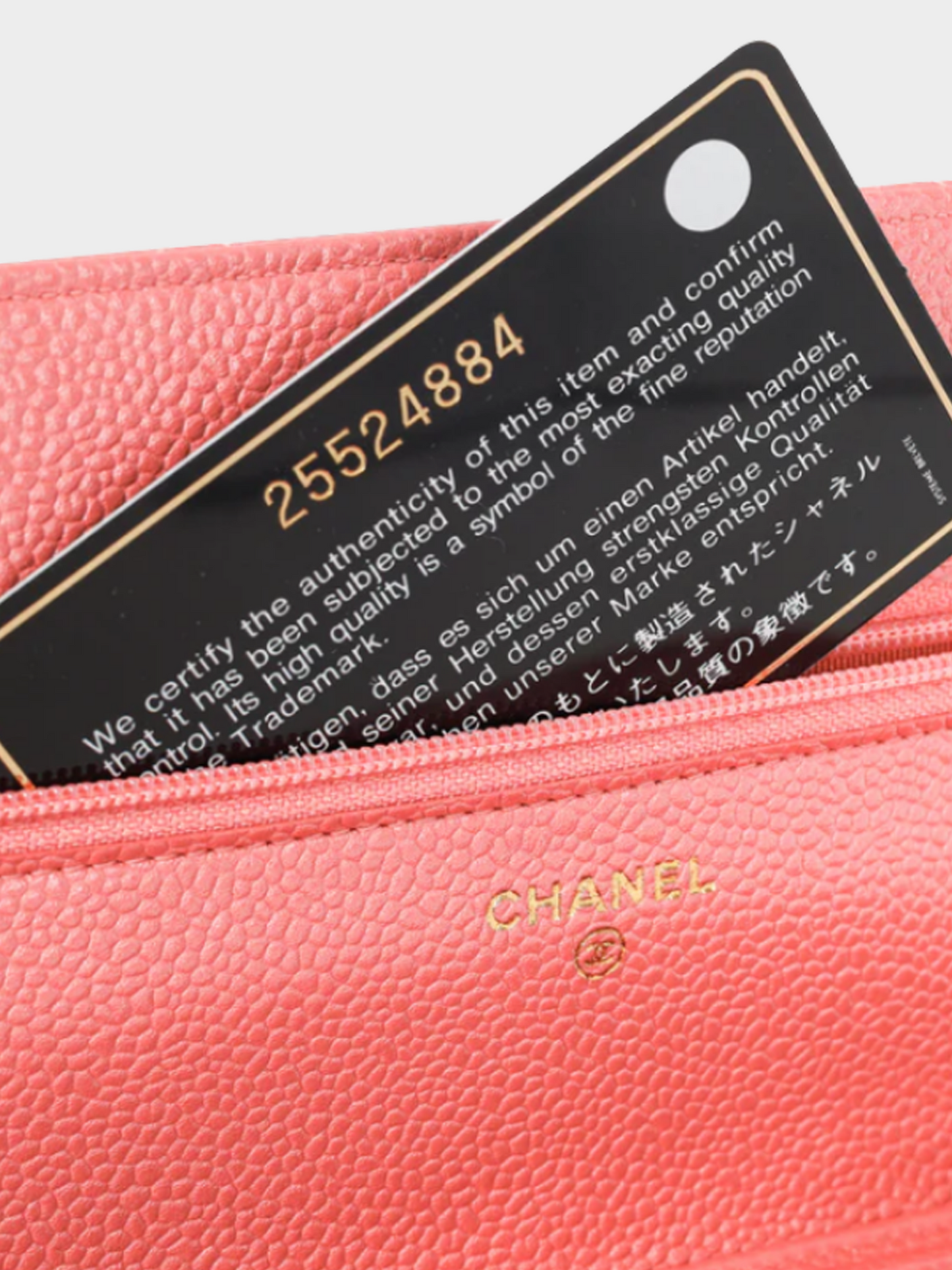 Chanel 2025 Coral Pink Caviar Quilted Classic Wallet on Chain