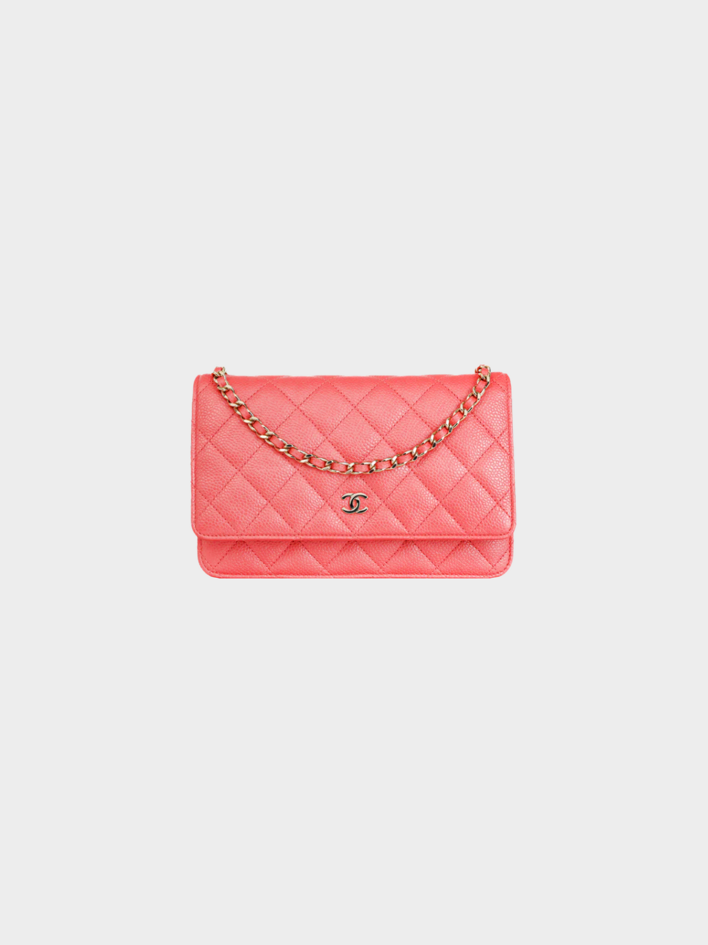Chanel 2025 Coral Pink Caviar Quilted Classic Wallet on Chain
