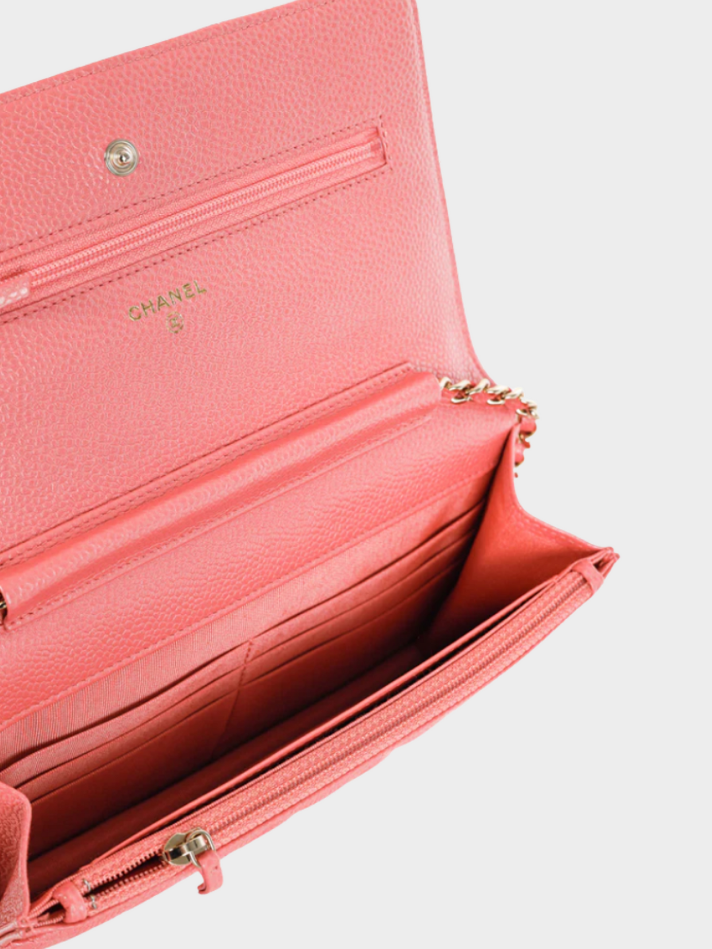 Chanel 2025 Coral Pink Caviar Quilted Classic Wallet on Chain