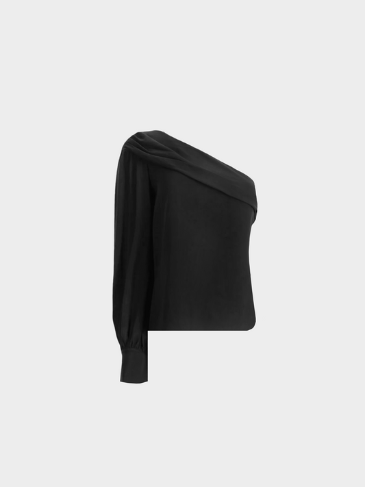 Chanel 2000s Black One Shoulder Asymmetrical Silk Top