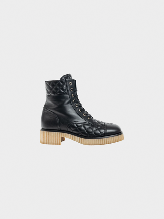 Chanel 2020s Black Quilted Leather Interlocking-CC Combat Boots
