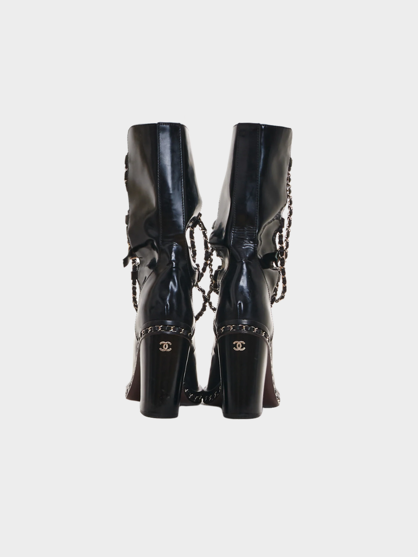 Chanel by Karl Lagerfeld FW 2013 Black Leather Chain Obsession Block Heel Boots
