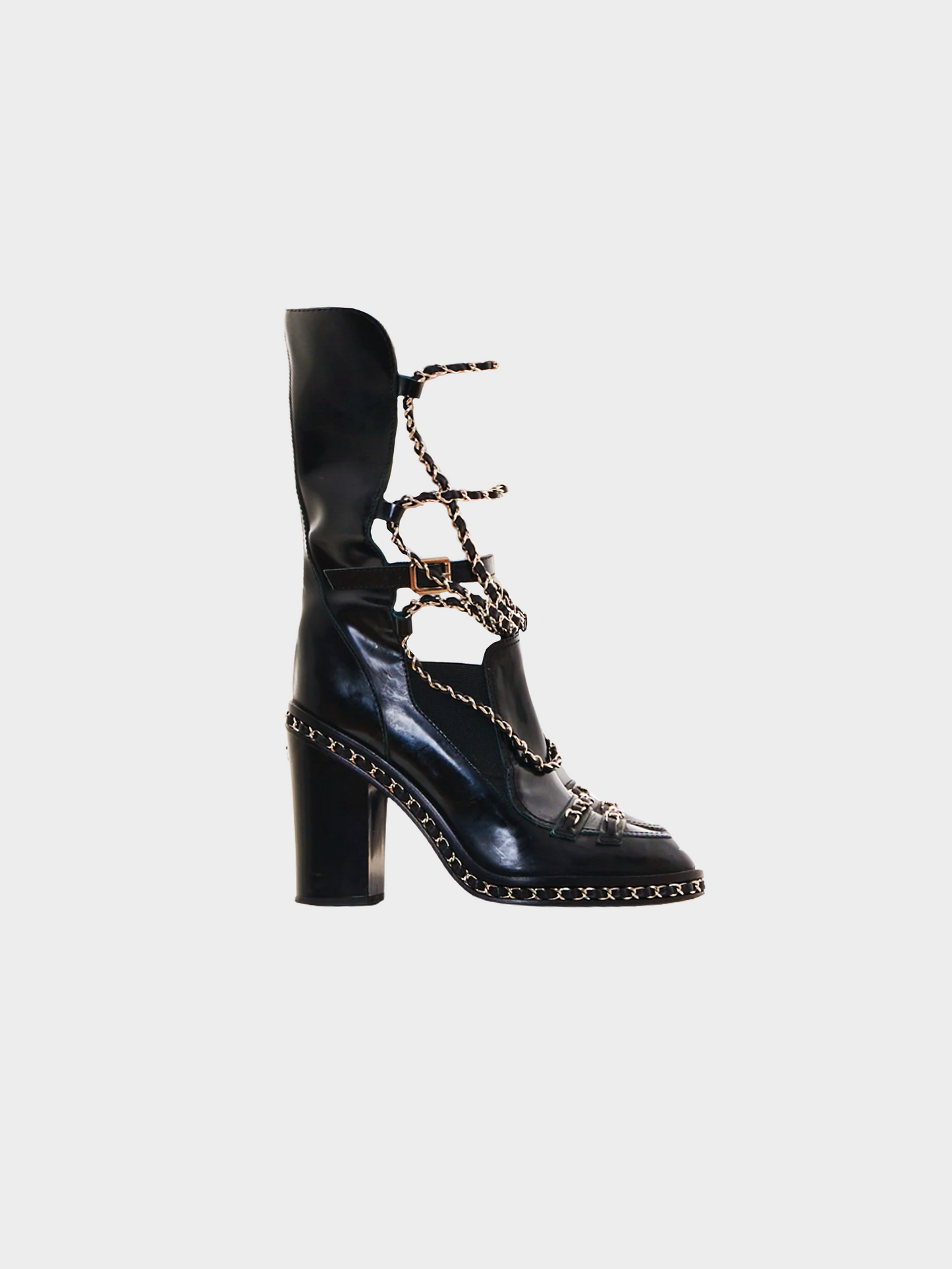 Chanel by Karl Lagerfeld FW 2013 Black Leather Chain Obsession Block Heel Boots