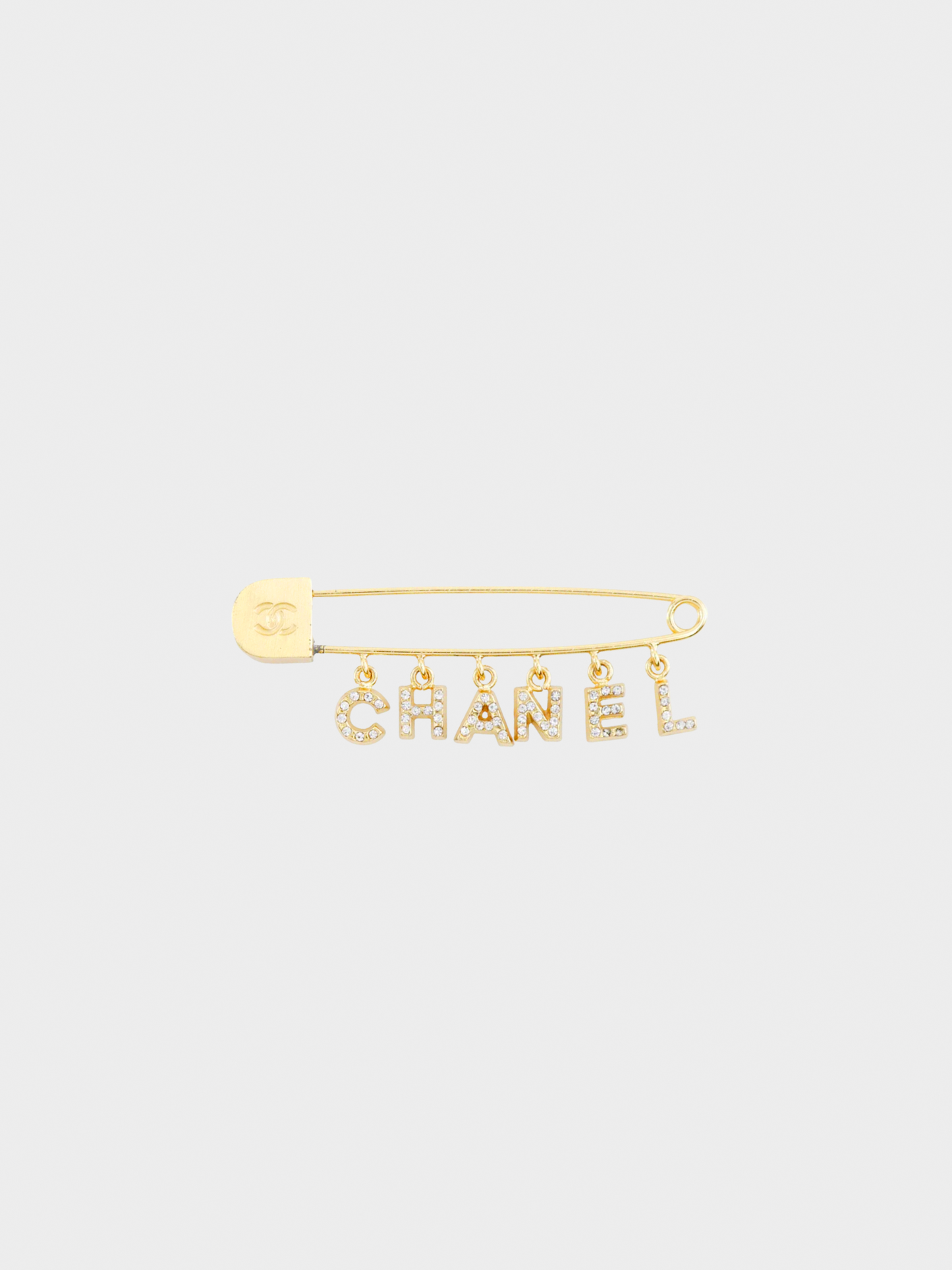 Chanel 2000s Logo Rhinestoned Safety Pin Brooch