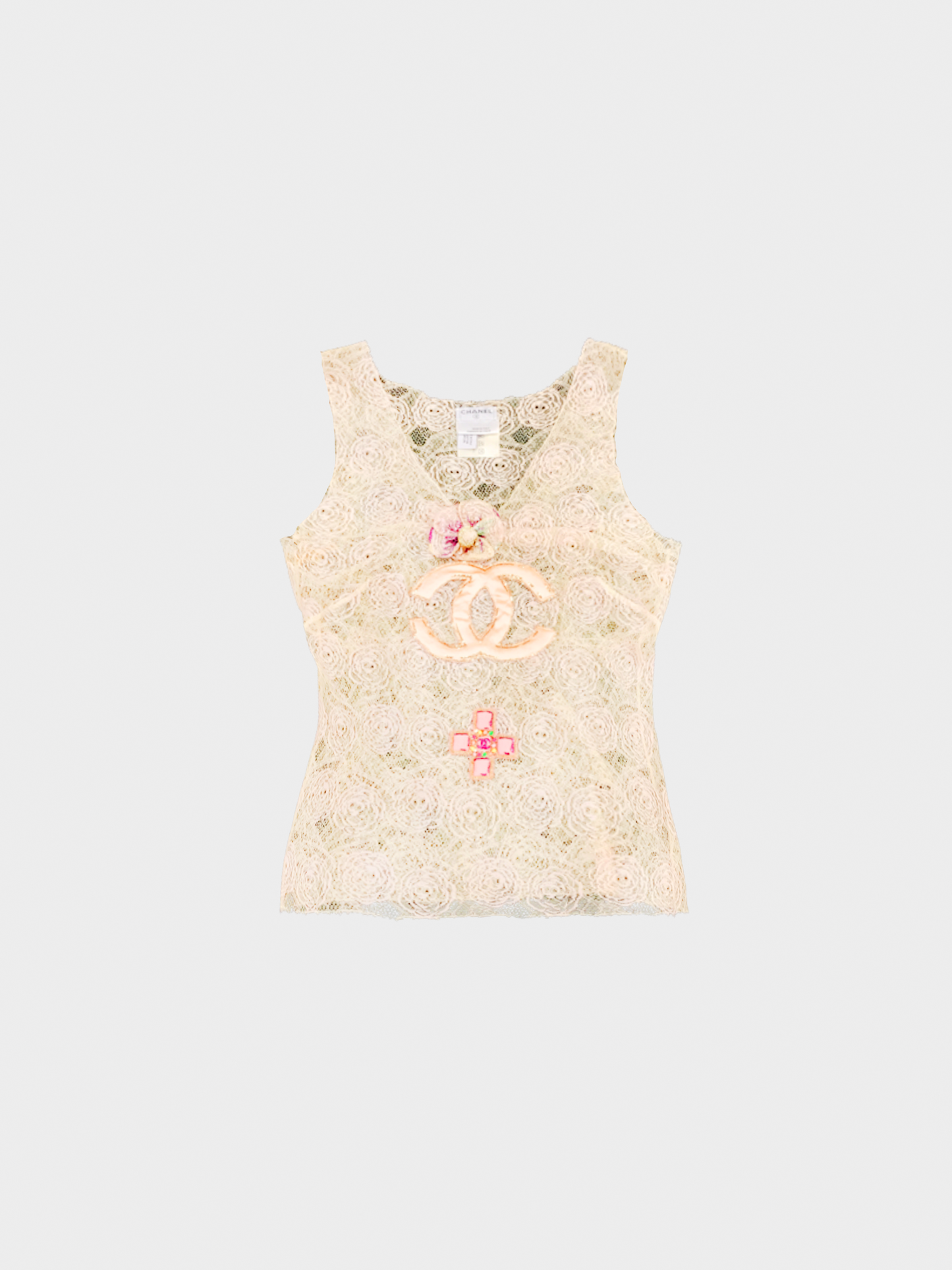 Chanel by Karl Lagerfeld Cruise 2004 Cream Lace Embellished Tank Top