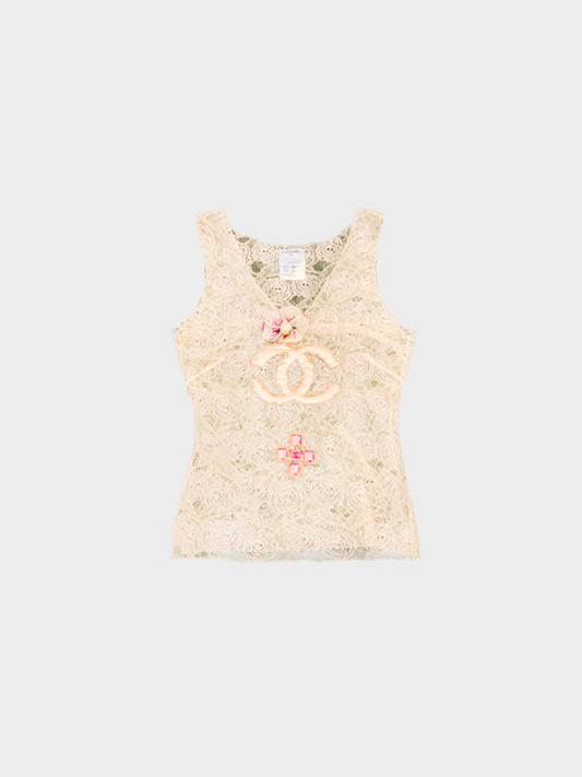 Chanel by Karl Lagerfeld Cruise 2004 Cream Lace Embellished Tank Top