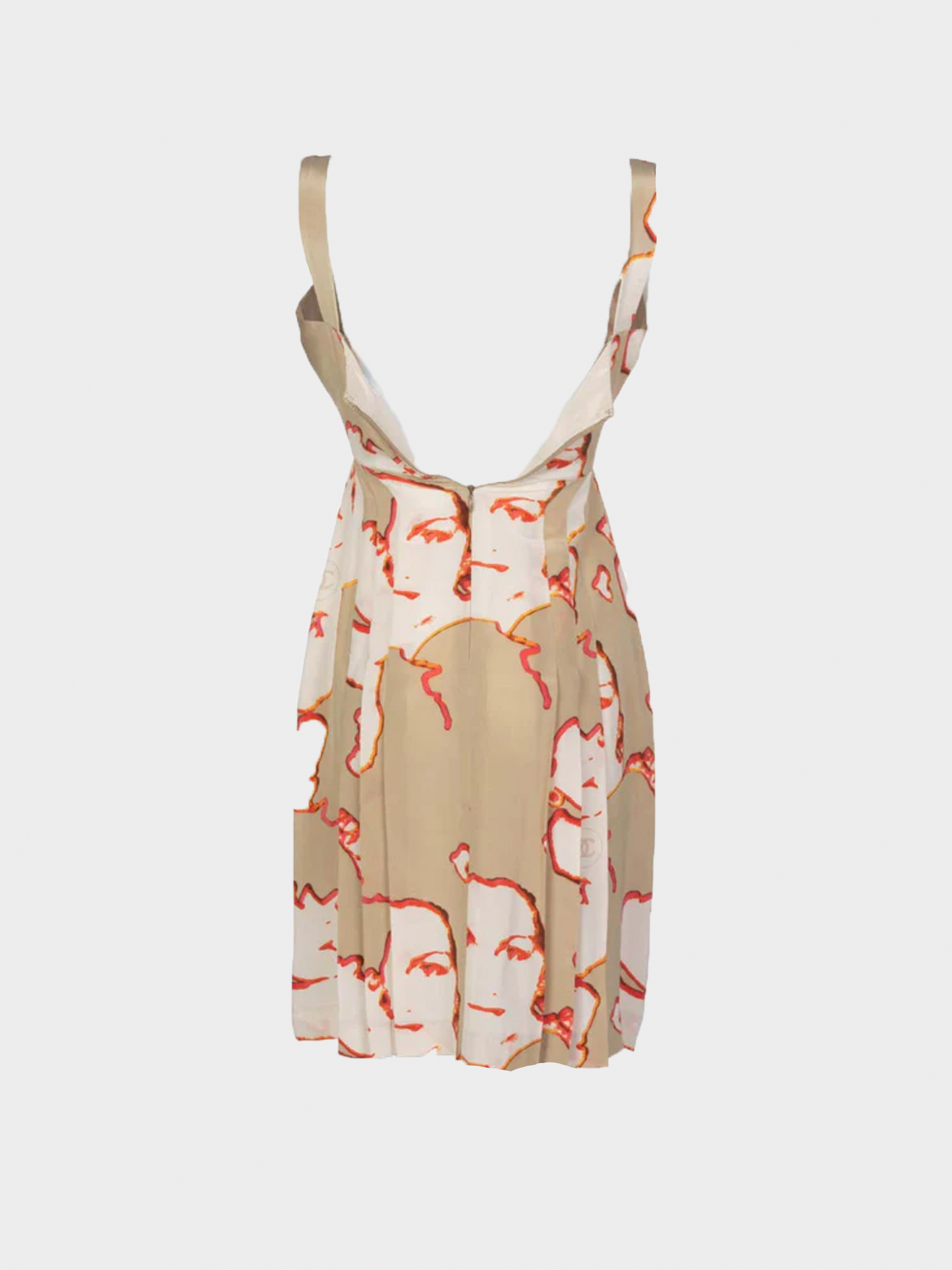 Chanel Spring 2000 Taupe Silk Sleeveless Faces Print Dress