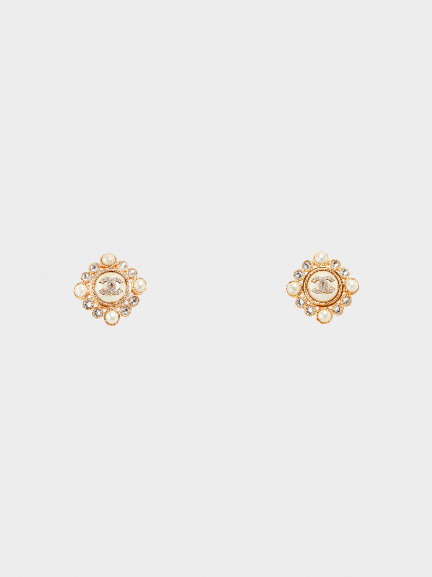 Chanel 2010s Gold Crystal and Pearl Rhinestones Squared Halo Stud Earrings