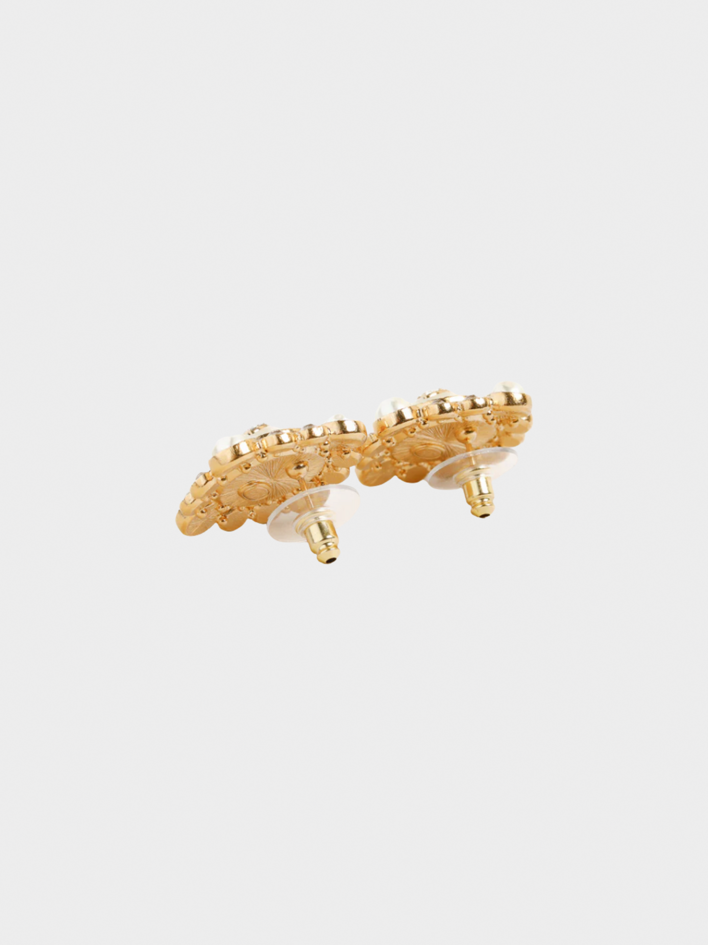 Chanel 2010s Gold Crystal and Pearl Rhinestones Squared Halo Stud Earrings