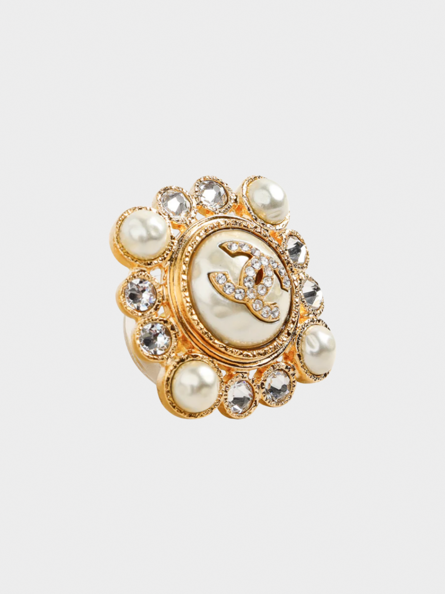 Chanel 2010s Gold Crystal and Pearl Rhinestones Squared Halo Stud Earrings
