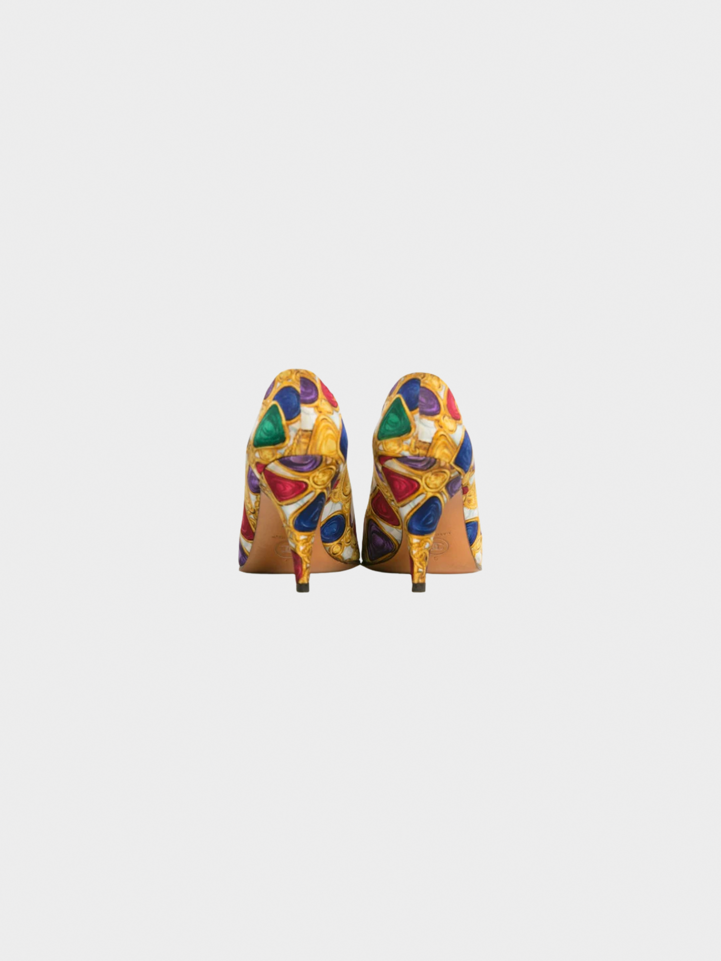Chanel 1990s Multicoloured Silk Gripoix CC Logo Print Heels