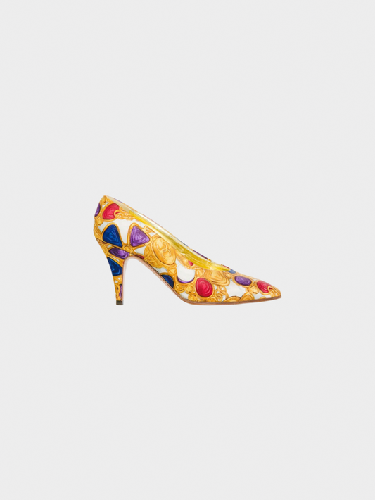 Chanel 1990s Multicoloured Silk Gripoix CC Logo Print Heels