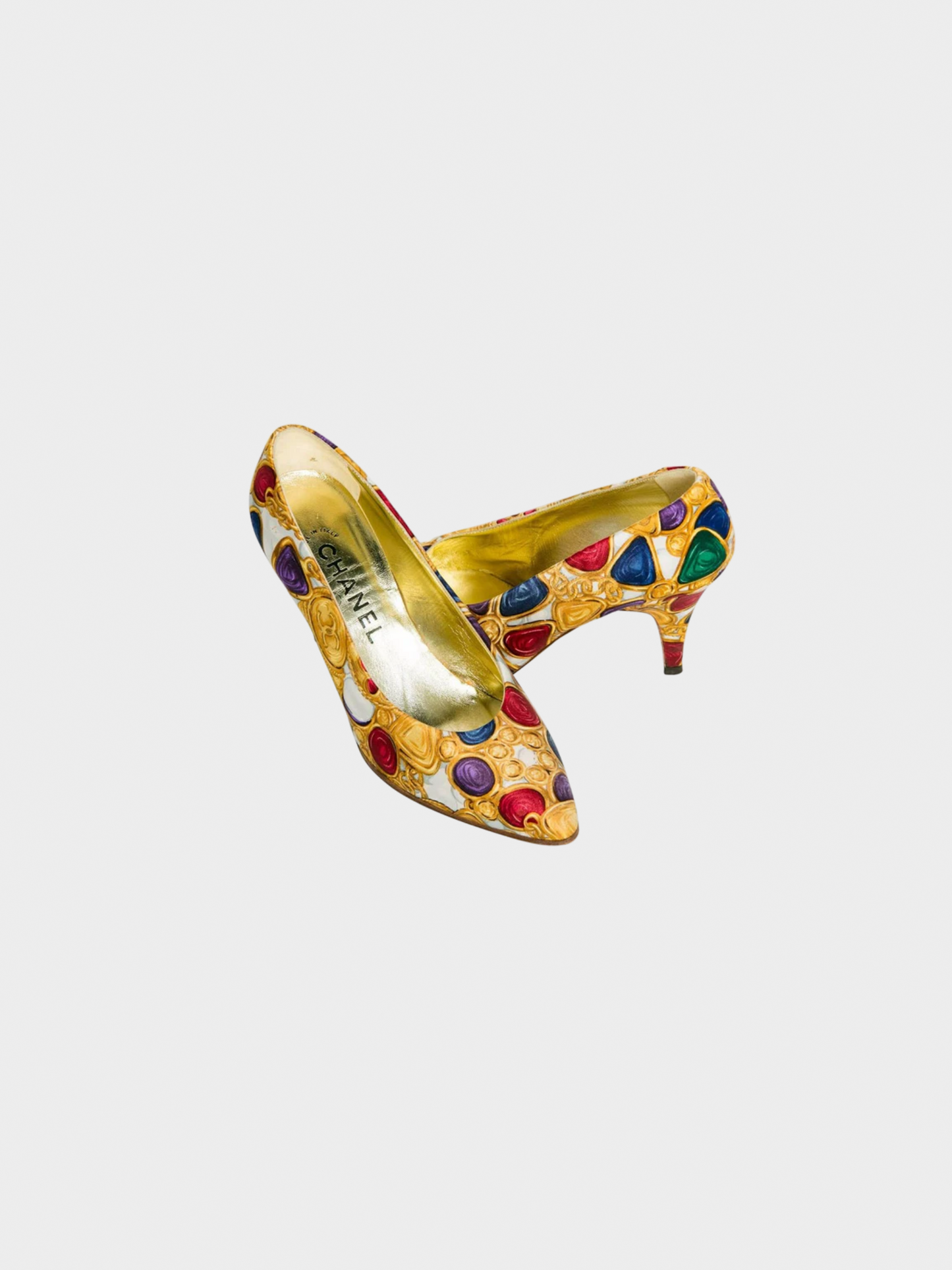 Chanel 1990s Multicoloured Silk Gripoix CC Logo Print Heels