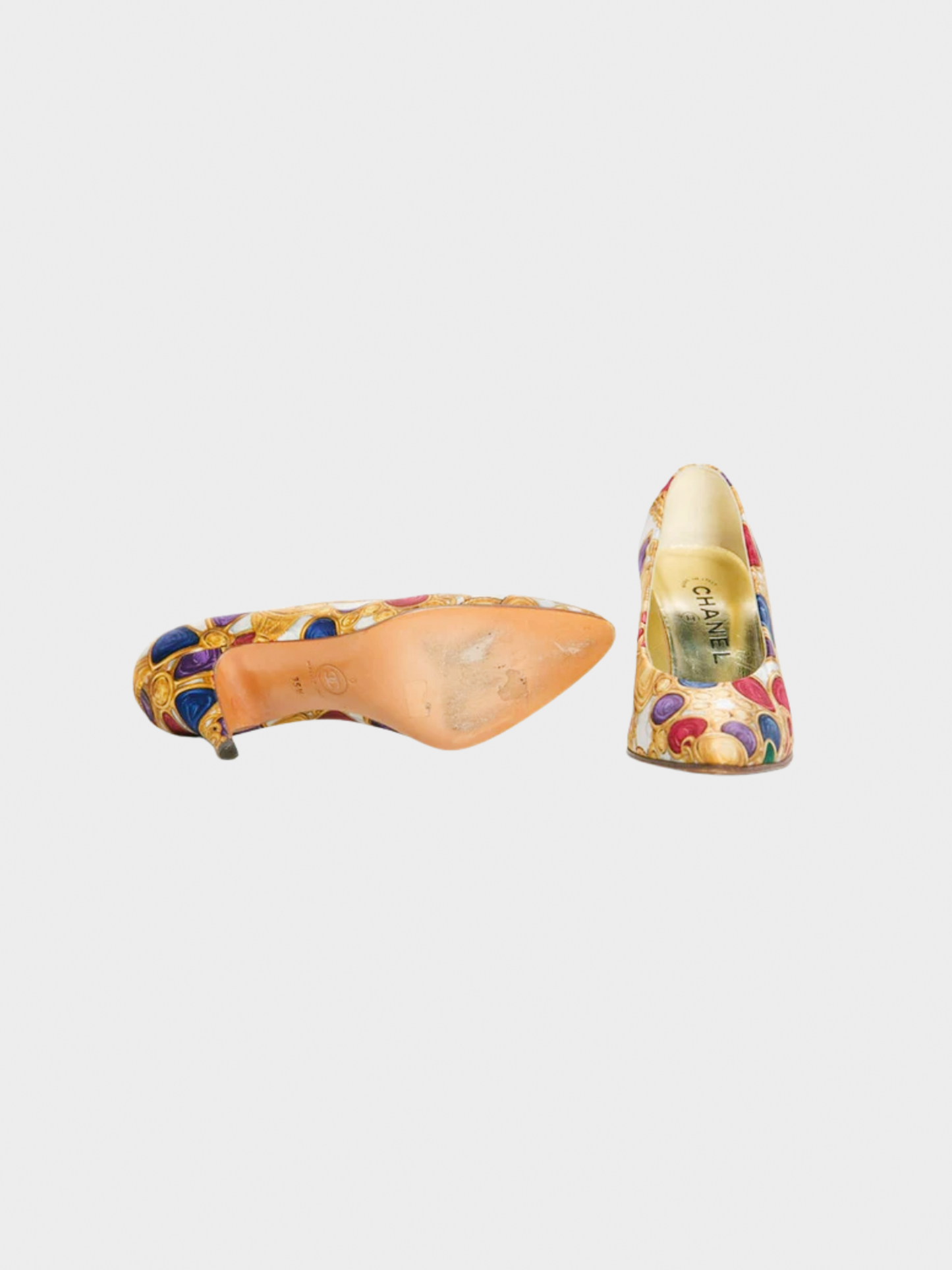 Chanel 1990s Multicoloured Silk Gripoix CC Logo Print Heels