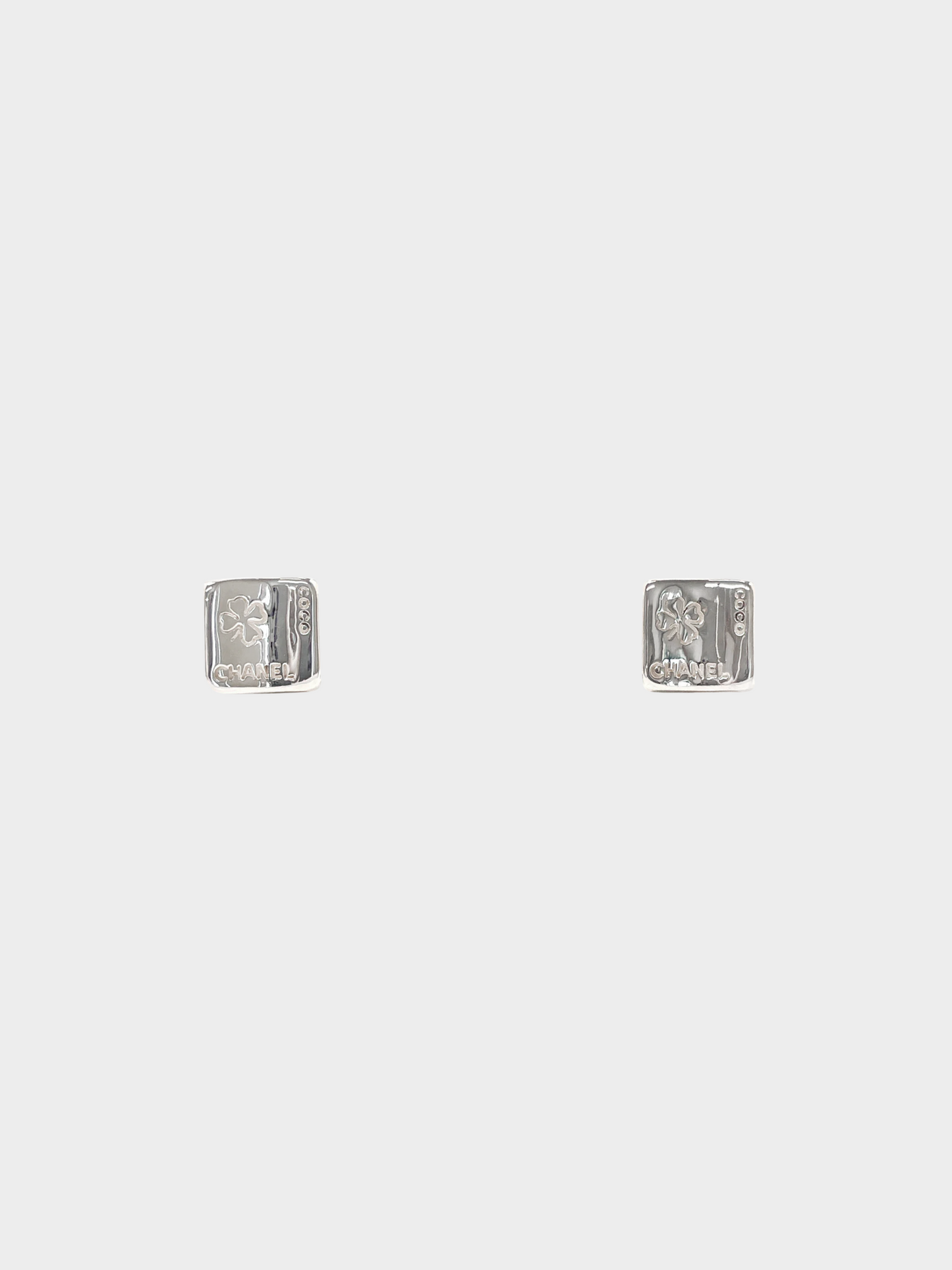 Chanel 1990s Silver Square Clover Clip-On Earrings