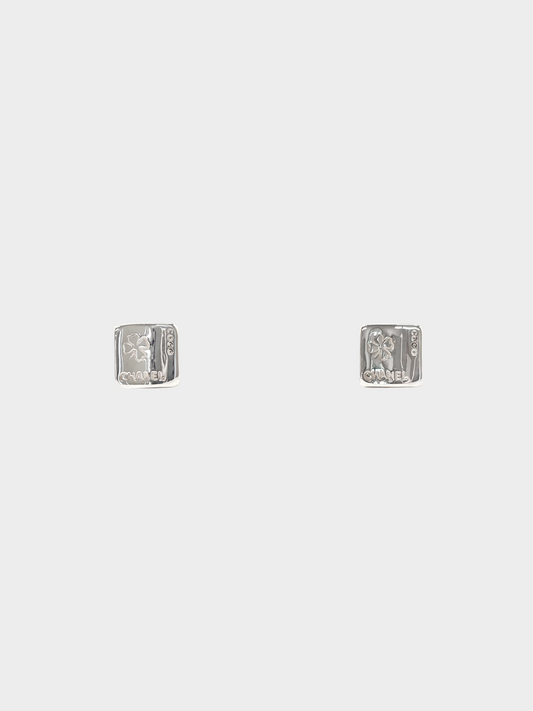 Chanel 1990s Silver Square Clover Clip-On Earrings