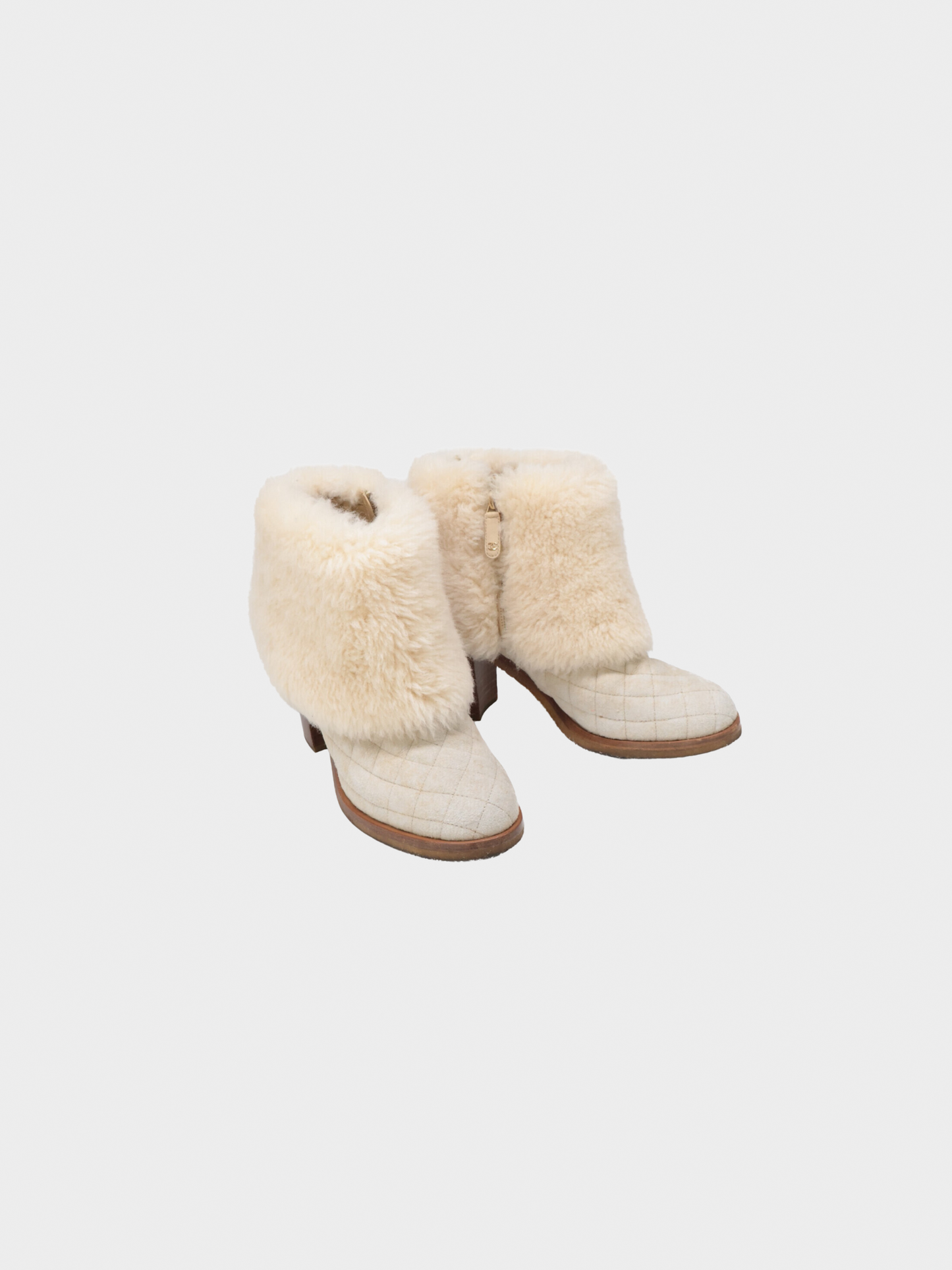 Chanel 2000s Matelasse Beige Shearling Ankle Boots