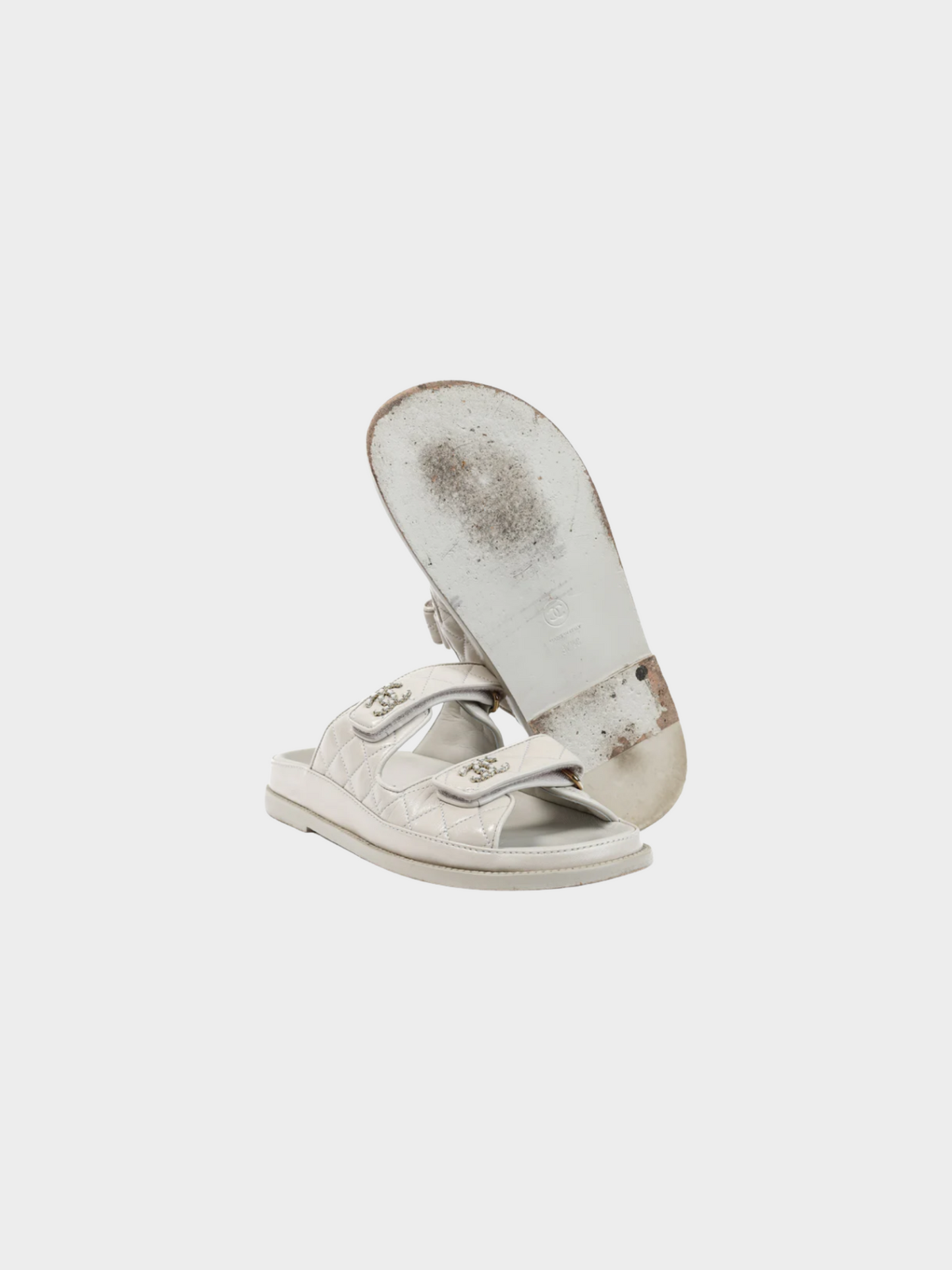 Chanel 2010s Light-Grey Lambskin Quilted CC Chain Dad Sandals