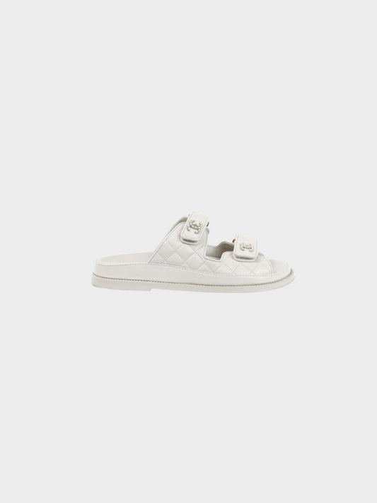 Chanel 2010s Light-Grey Lambskin Quilted CC Chain Dad Sandals