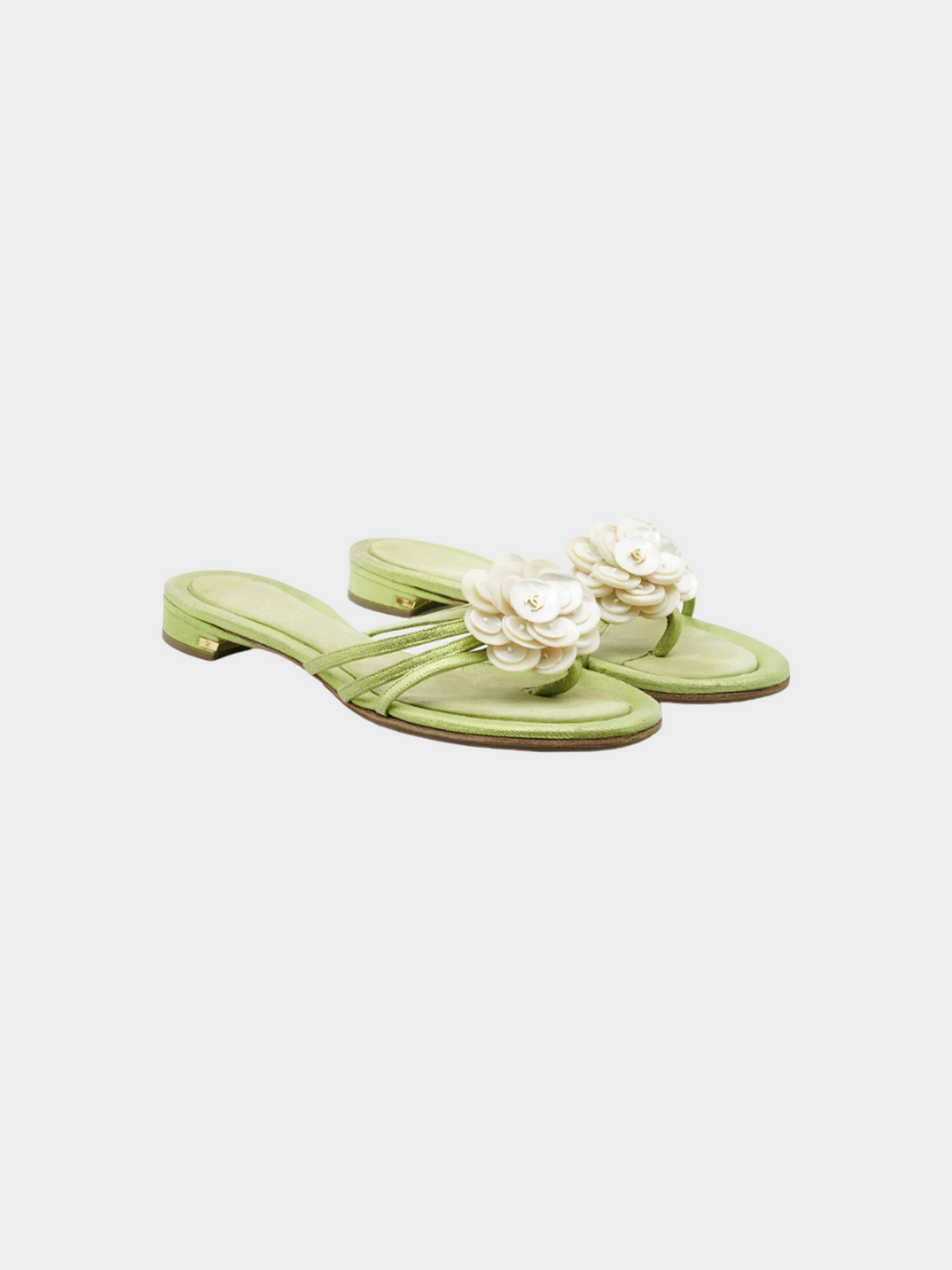 Chanel by Karl Lagerfeld 2000s Green Satin Flower Detail Sandals