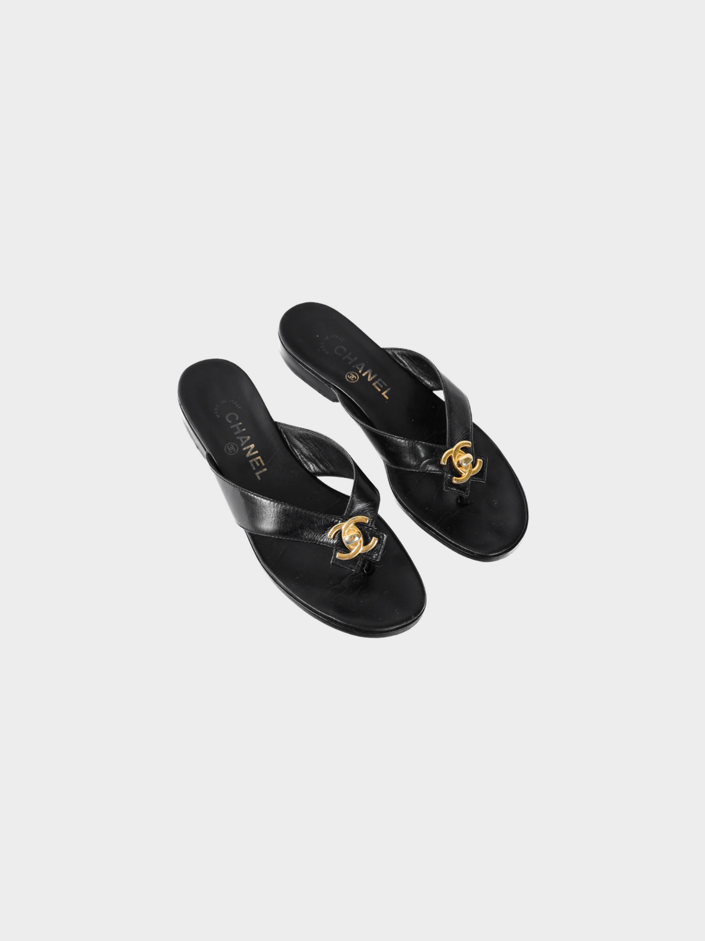 Chanel Spring 1996 Black Leather CC-Turnlock Flip Flops