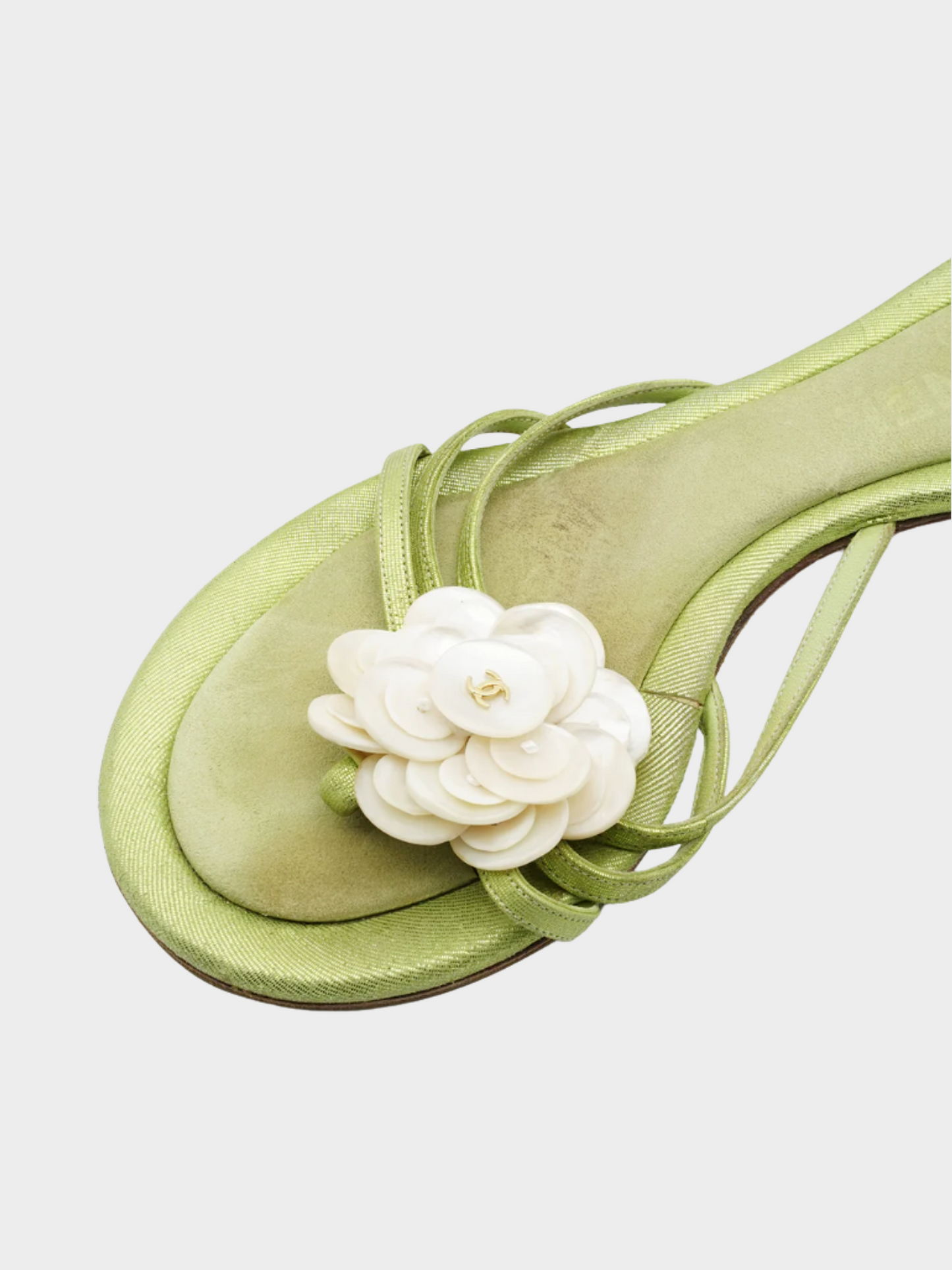 Chanel by Karl Lagerfeld 2000s Green Satin Flower Detail Sandals