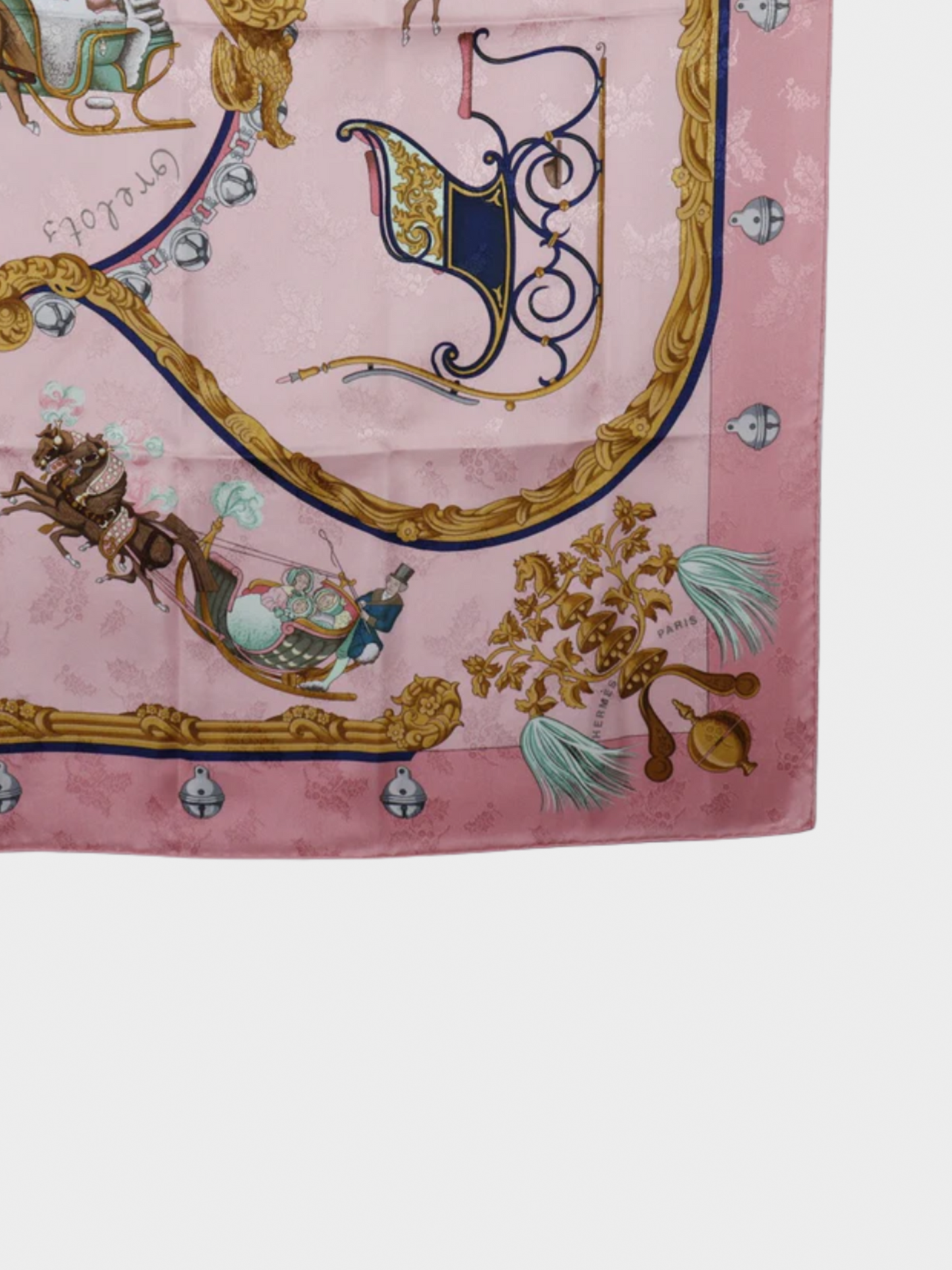 Hermes 1995 Carre 90 "Plumes Et Grelots" Pink Silk Scarf