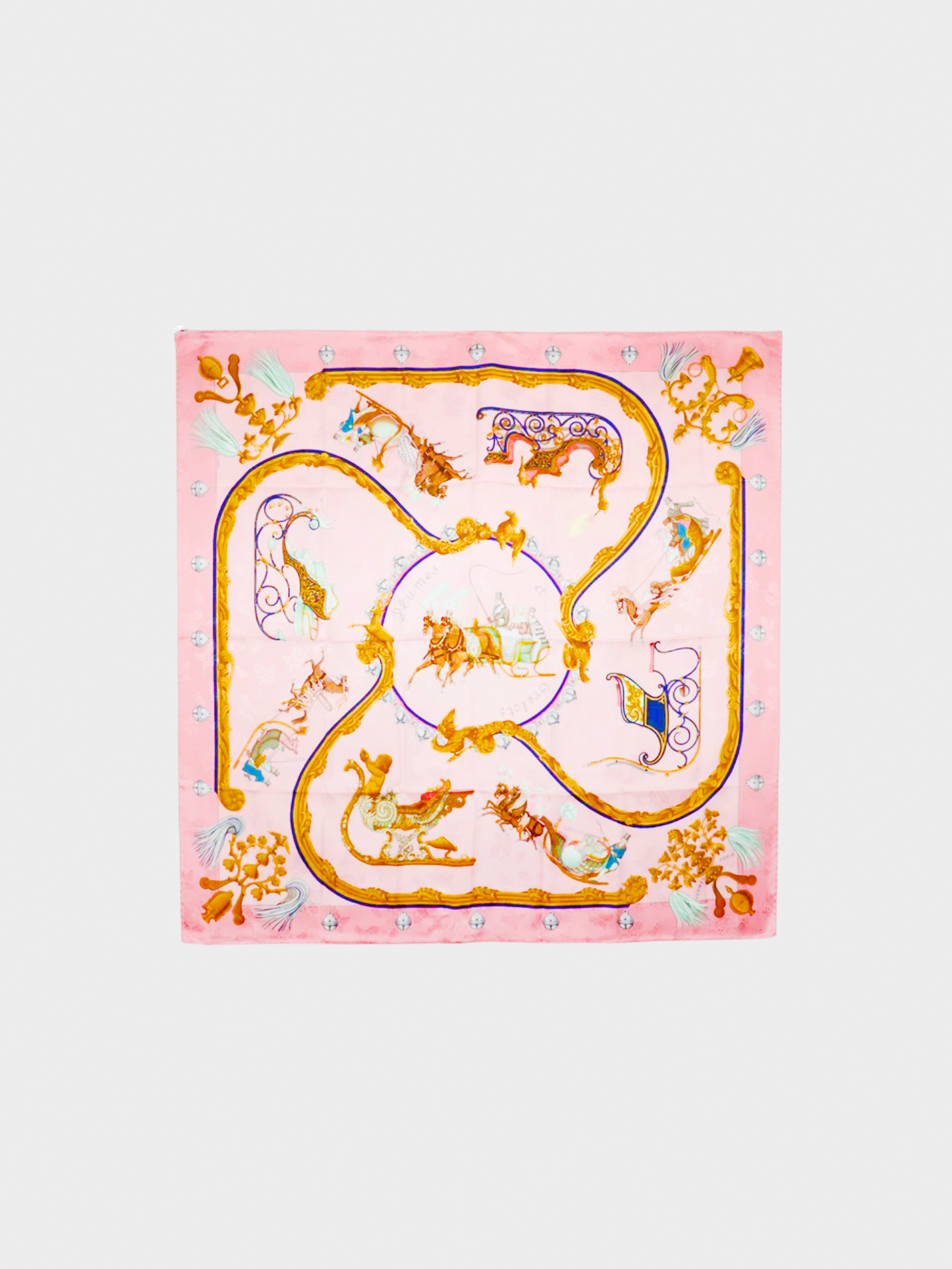 Hermes 1995 Carre 90 "Plumes Et Grelots" Pink Silk Scarf