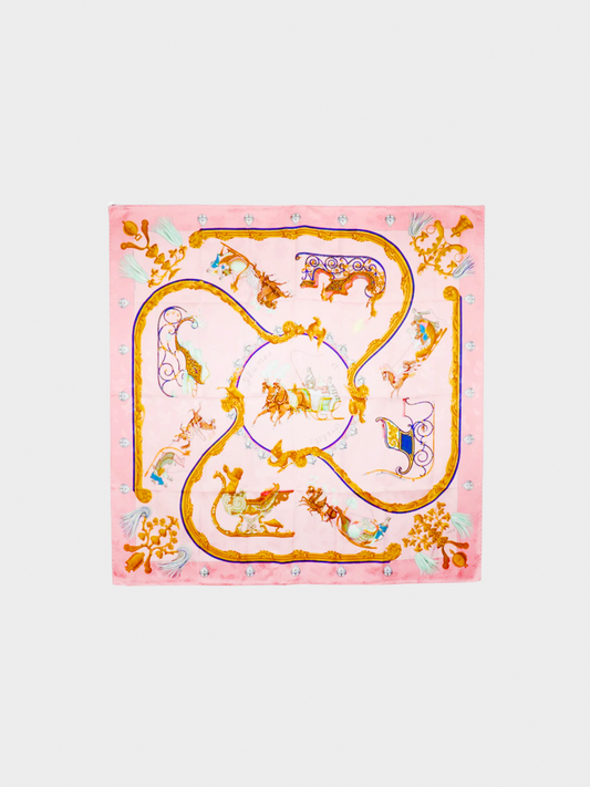 Hermes 1995 Carre 90 "Plumes Et Grelots" Pink Silk Scarf