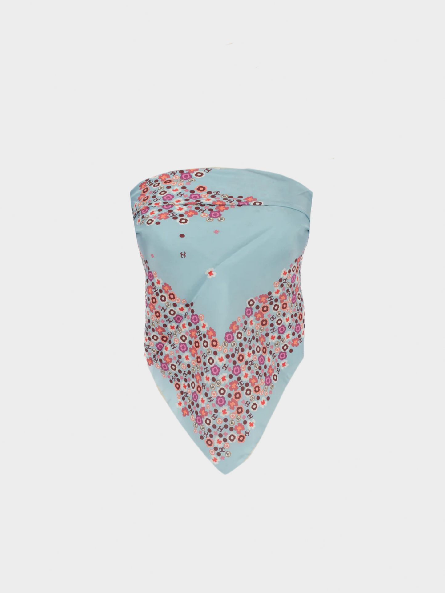 Chanel 2000s Baby Blue and Pink Floral Silk Scarf
