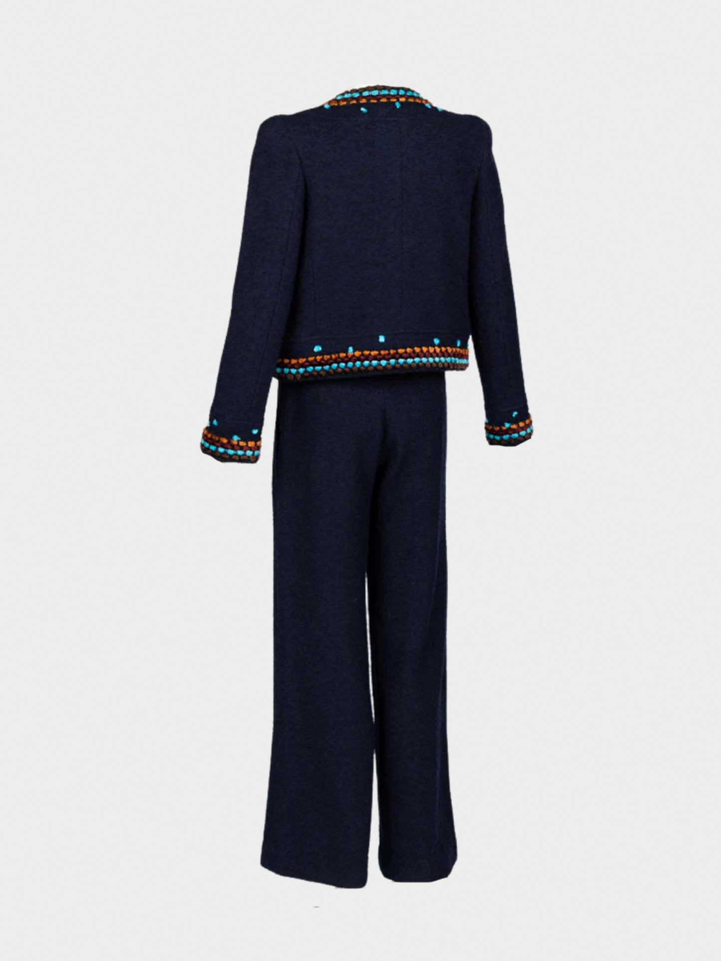 Chanel FW 1997 Runway Navy Boucle Cropped Jacket Pants Suit