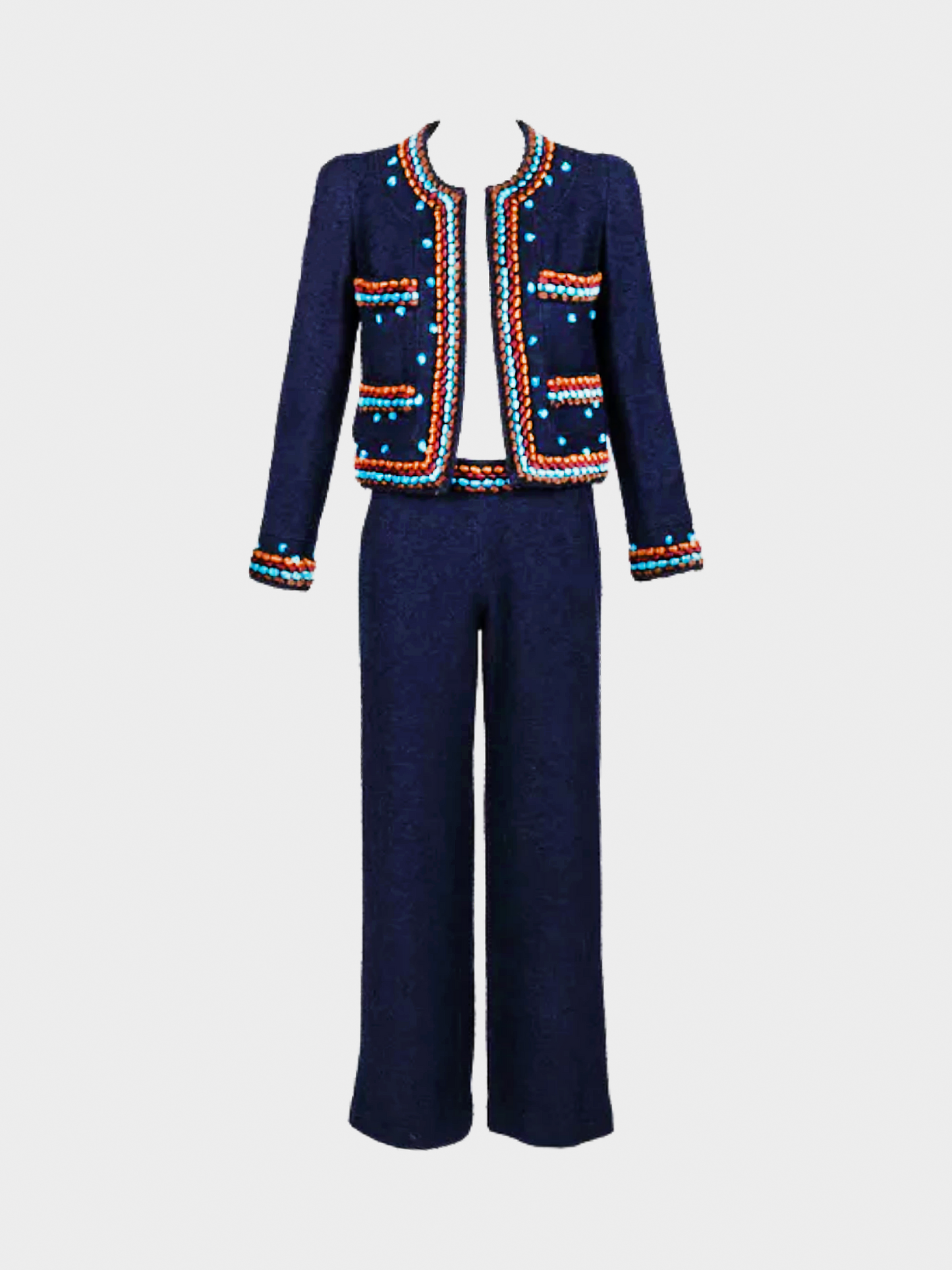 Chanel FW 1997 Runway Navy Boucle Cropped Jacket Pants Suit