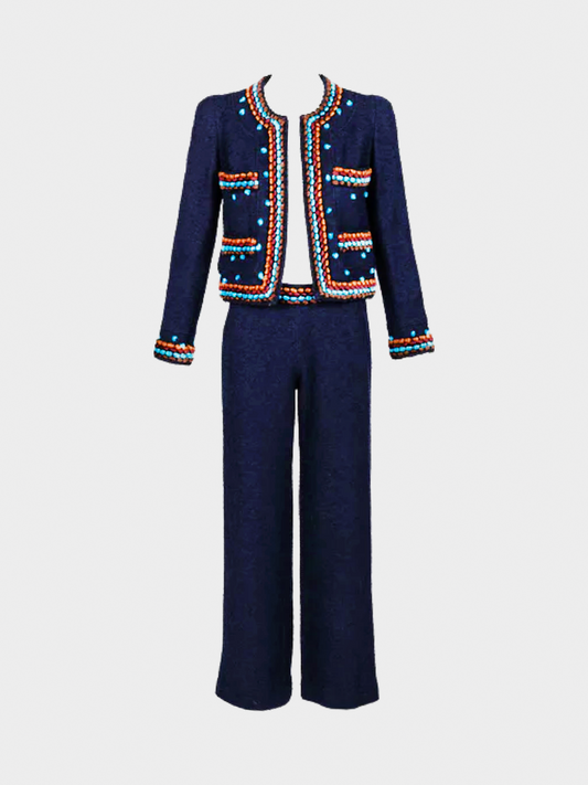 Chanel FW 1997 Runway Navy Boucle Cropped Jacket Pants Suit