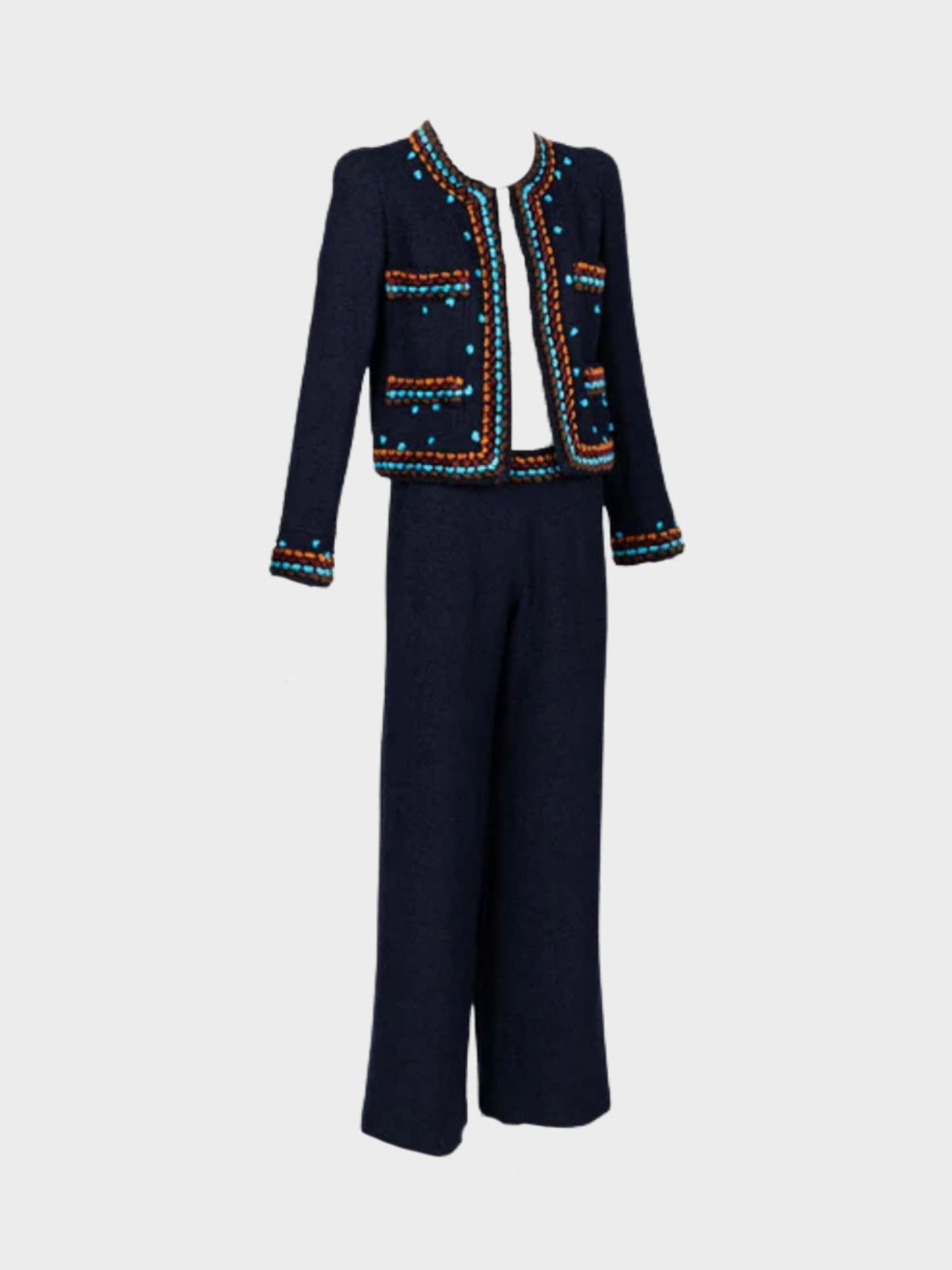 Chanel FW 1997 Runway Navy Boucle Cropped Jacket Pants Suit