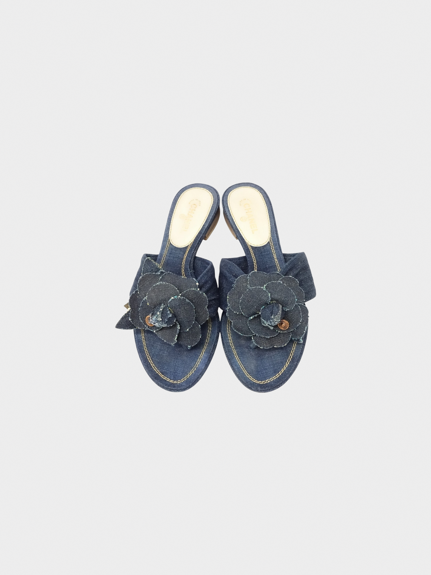 Chanel 2000s Blue Denim Camellia Sandals