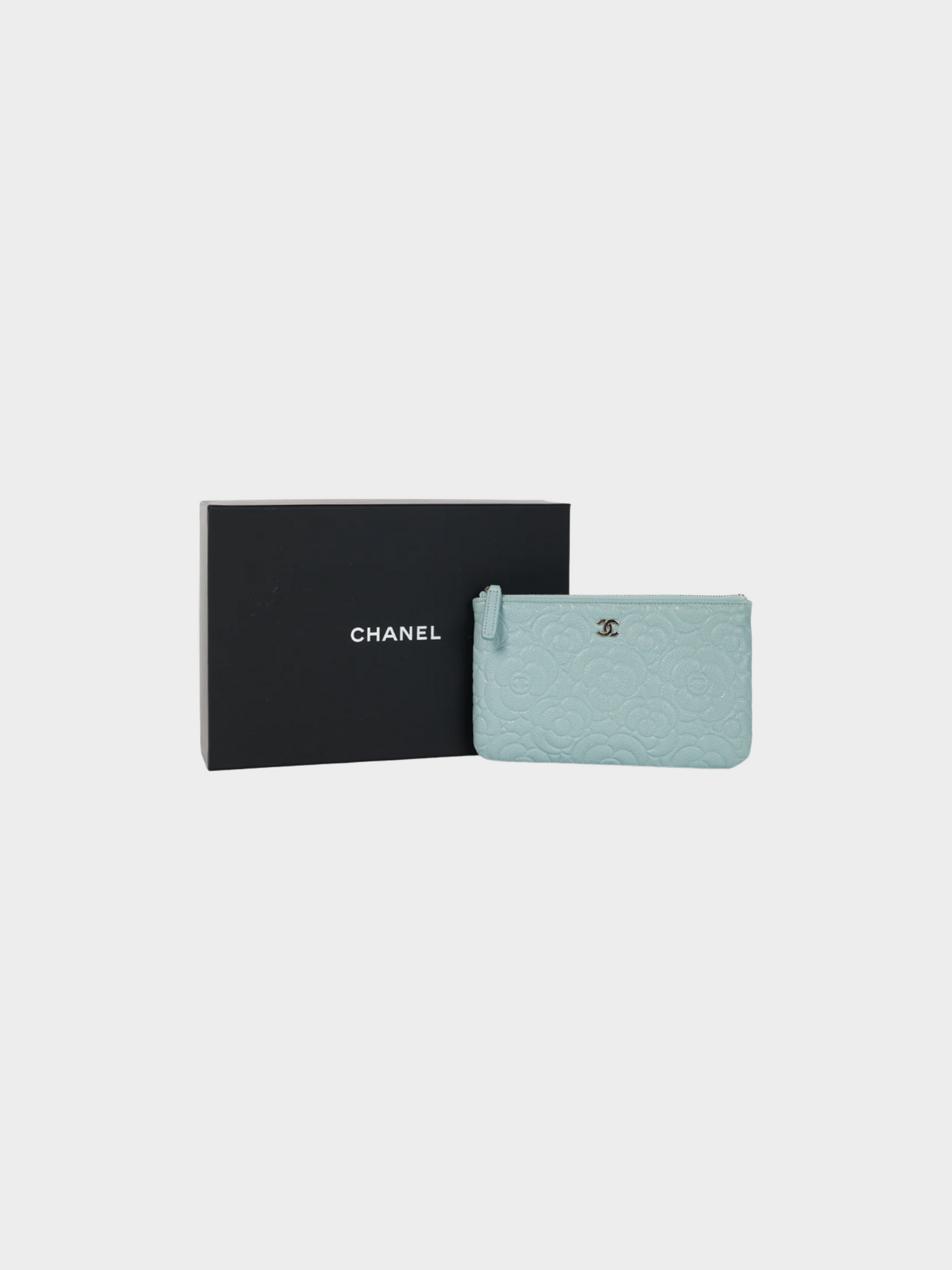 Chanel 2020 Light Blue Caviar Camellia-Embossed Small O-Case Pouch