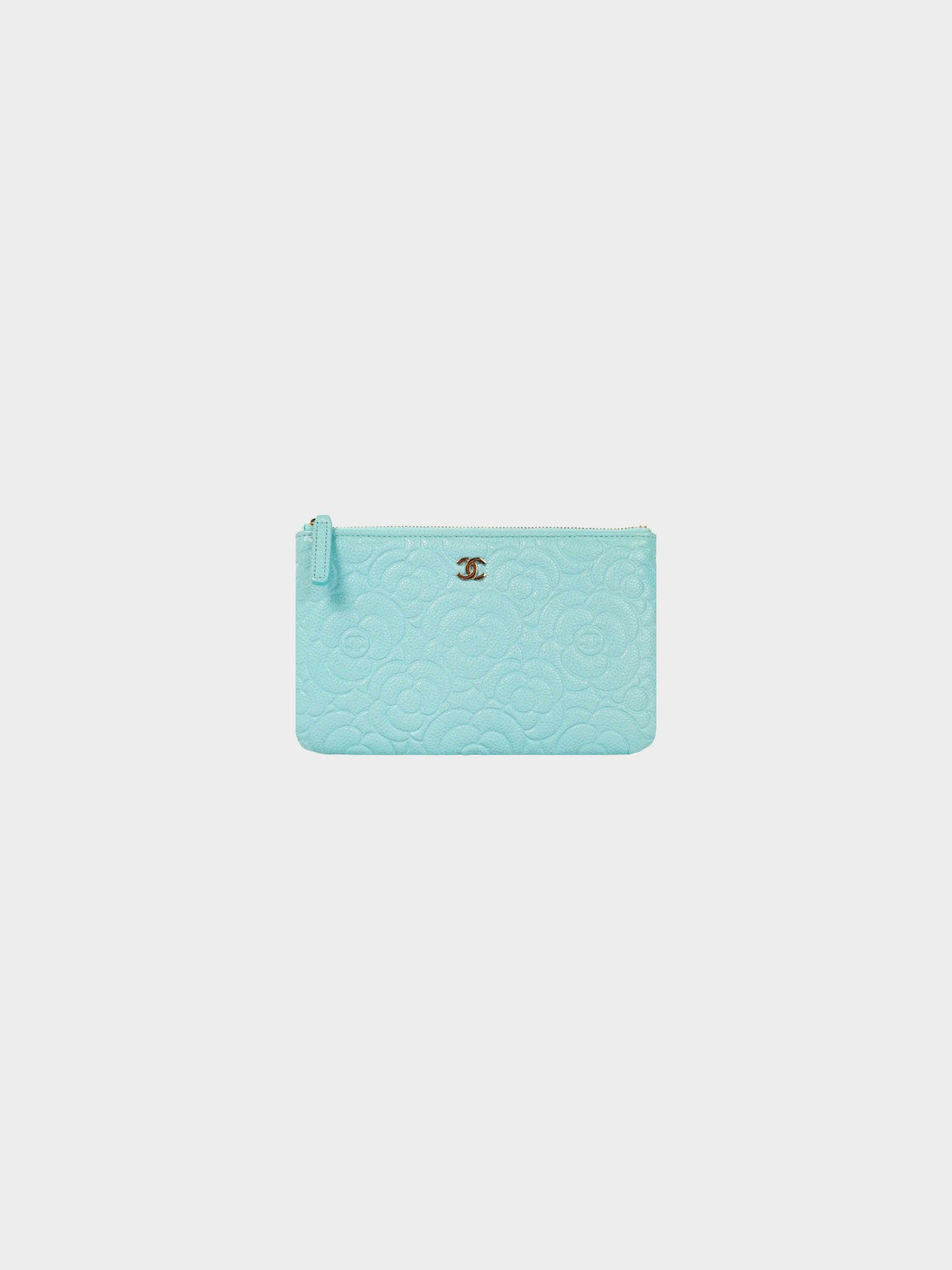 Chanel 2020 Light Blue Caviar Camellia-Embossed Small O-Case Pouch