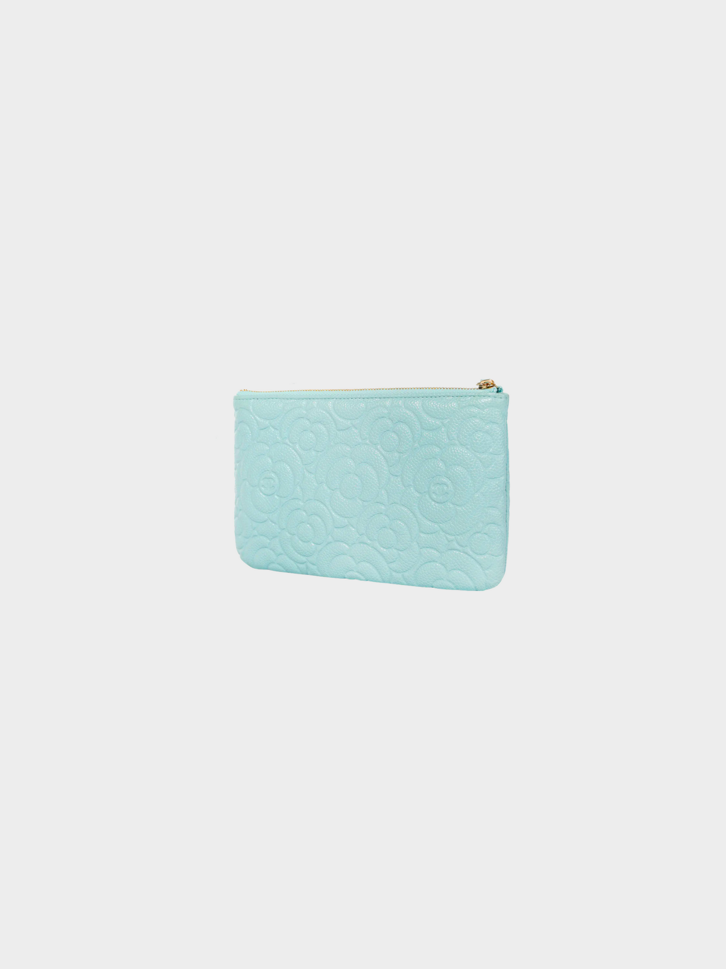 Chanel 2020 Light Blue Caviar Camellia-Embossed Small O-Case Pouch