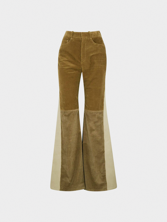 Chloe 2020s Brown Wide Leg Corduroy Pants with Linen Detail