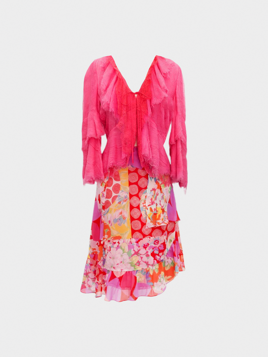 Christian Lacroix 2000s Pink Lace Cardigan Top and Skirt Set