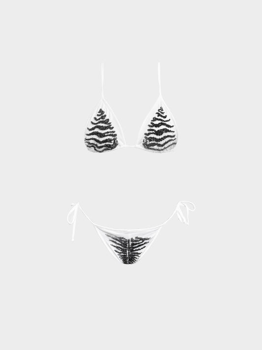 Roberto Cavalli 2000s White and Black Beaded Zebra Print Two-piece Swimsuit