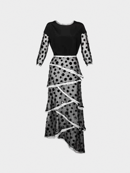 Courreges 1973 Black Metallic Polka Dot Layered Maxi Dress